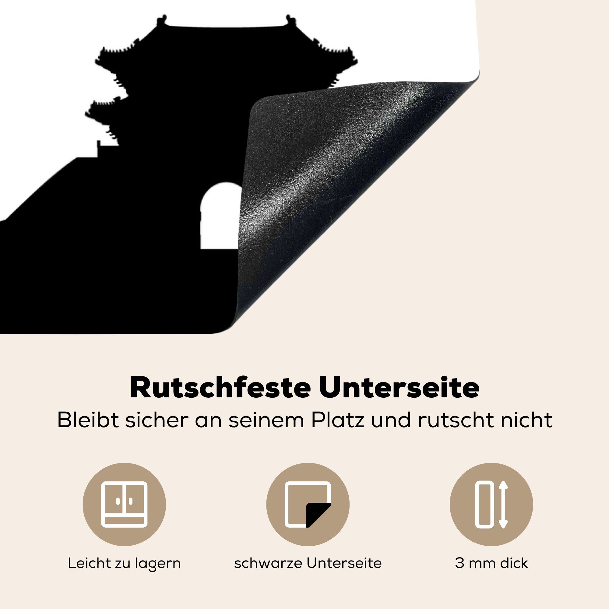 MuchoWow Herdblende-/Abdeckplatte Schwarz-Weiß-Illustration einer Silhouette Seoul, Ceranfeldabdeckung, Arbeitsplatte küche Vinyl, 83x51 cm, (1 von tlg), für