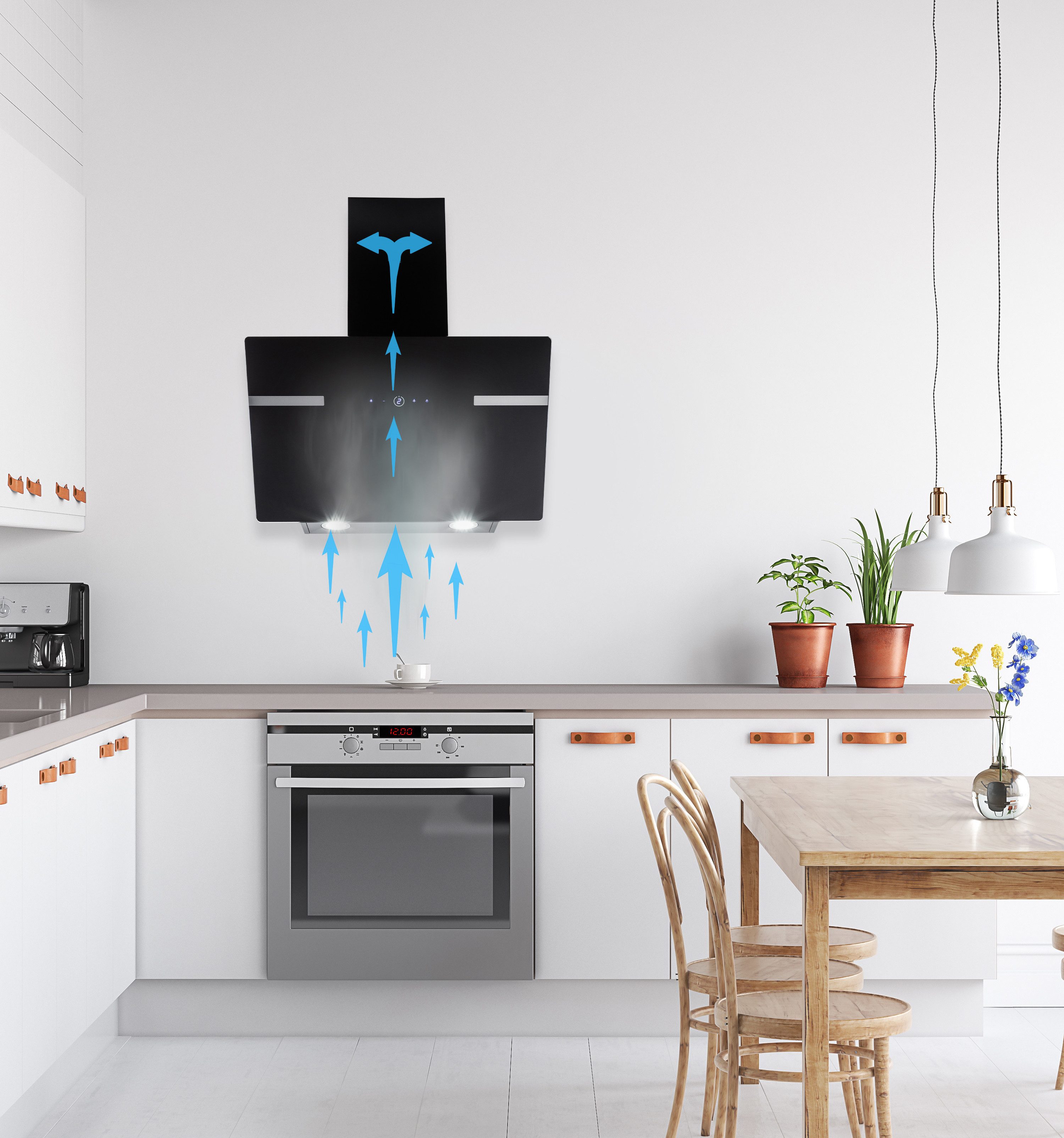 PKM Wandhaube Dunstabzugshaube 60cm Schwarz Glasschirm LED Hintergrundbeleuchtung Dunstabzugshaube 60cm Schwarz Glasschirm LED Hintergrundbeleuchtung, Touch Control Bedienung, schwarze Glasfront, Hintergrundbeleuchtung