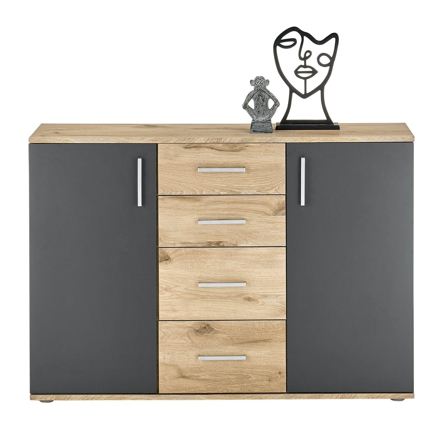 Bega Consult Kommode BC 1040, Grau matt, Viking Eiche Dekor, 2 Türen, 4 Schubladen, B 120 x H 84 x T 35 cm