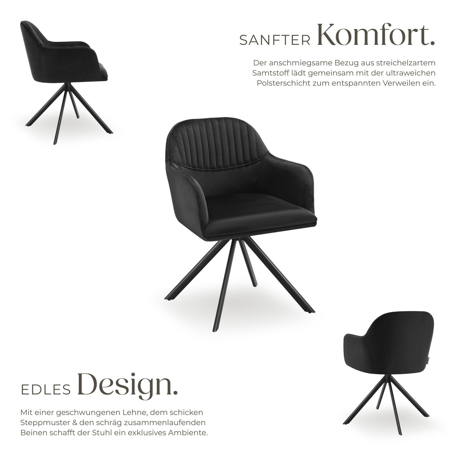 tectake Esszimmerstuhl Polsterstuhl, mit durchgehender Lehne, 56 x 59 x 81 cm (Drehbarer Samtstuhl Lona in schwarz/schwarz, 1 St), 360° drehbar, schlanke Stahlbeine, bodenschonend, Belastbarkeit 120 kg