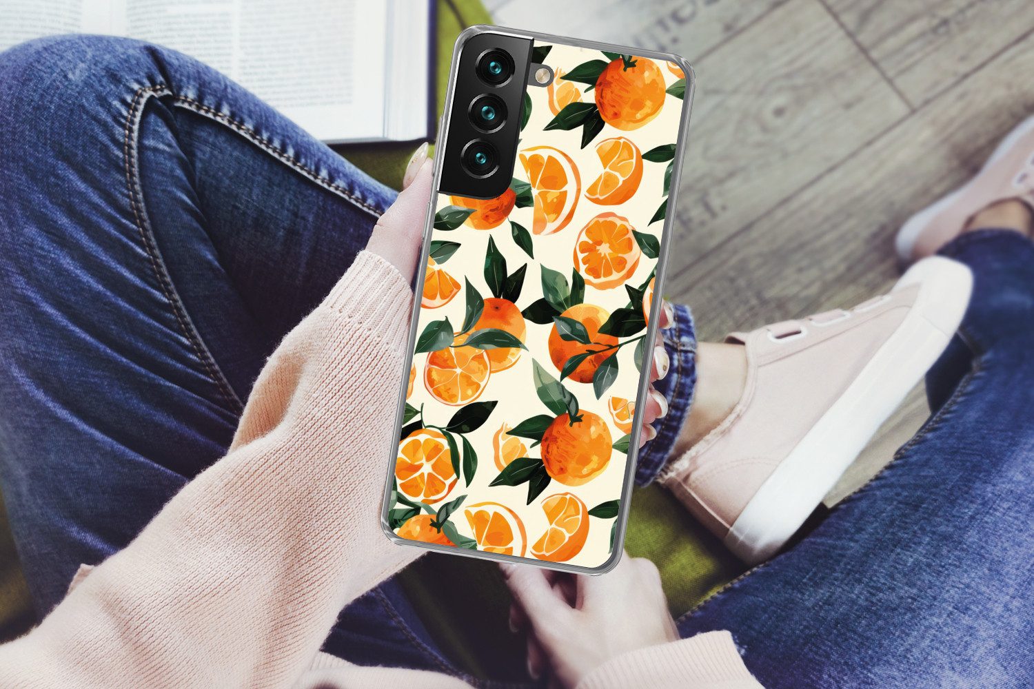 MuchoWow Handyhülle für Samsung Galaxy S22 Plus Orangen - Früchte - Blätter - Orange - Grü, Phone Case, Silikon, Schutzhülle Dünn