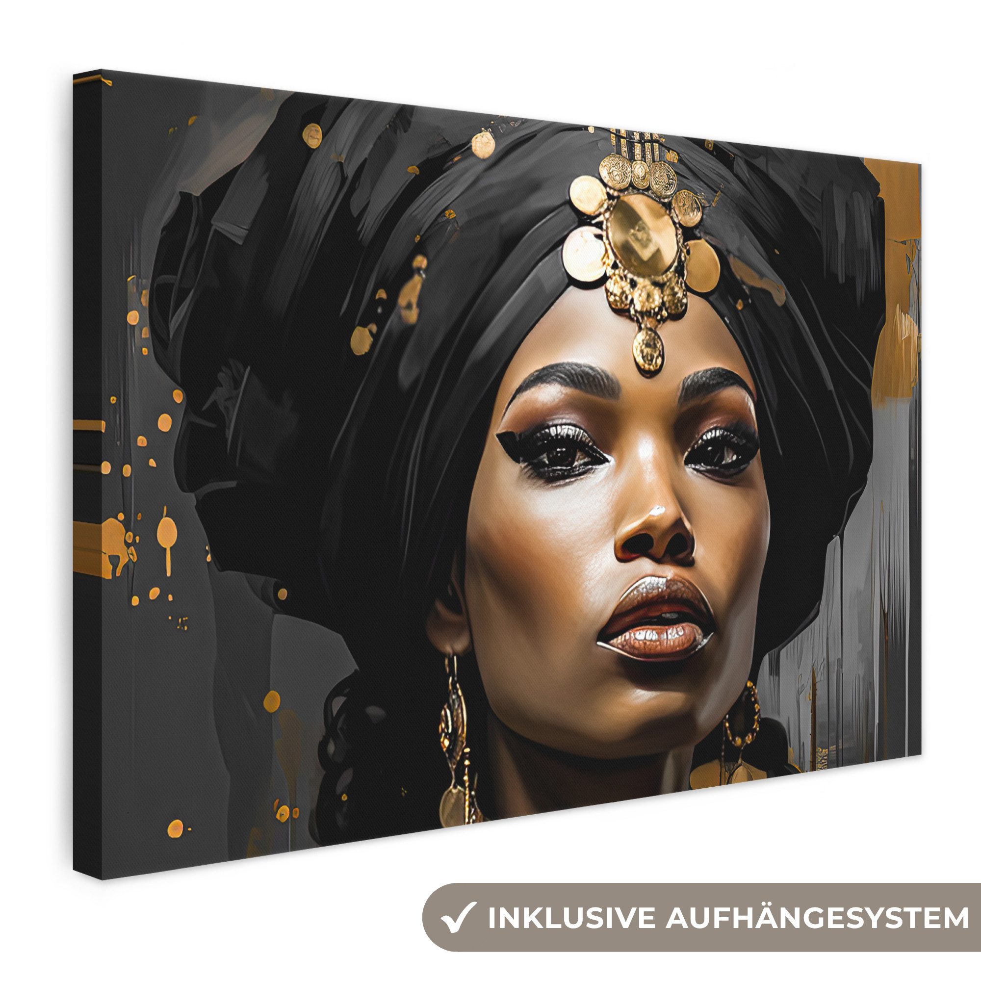 OneMillionCanvasses® Leinwandbild Frau - Gold - Schwarz - Luxus - Porträt, Fotodruck (1 St), Leinwand Bilder Klein, Wand Dekoration Aesthetic 30x20 cm