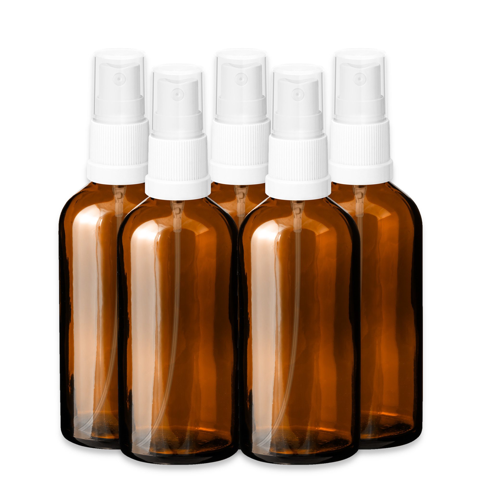 CK Verpackung GmbH Zerstäuberflasche 5x Glasflasche braun 100 ml mit weißem Zerstäuber Sprükopf Pumpspray