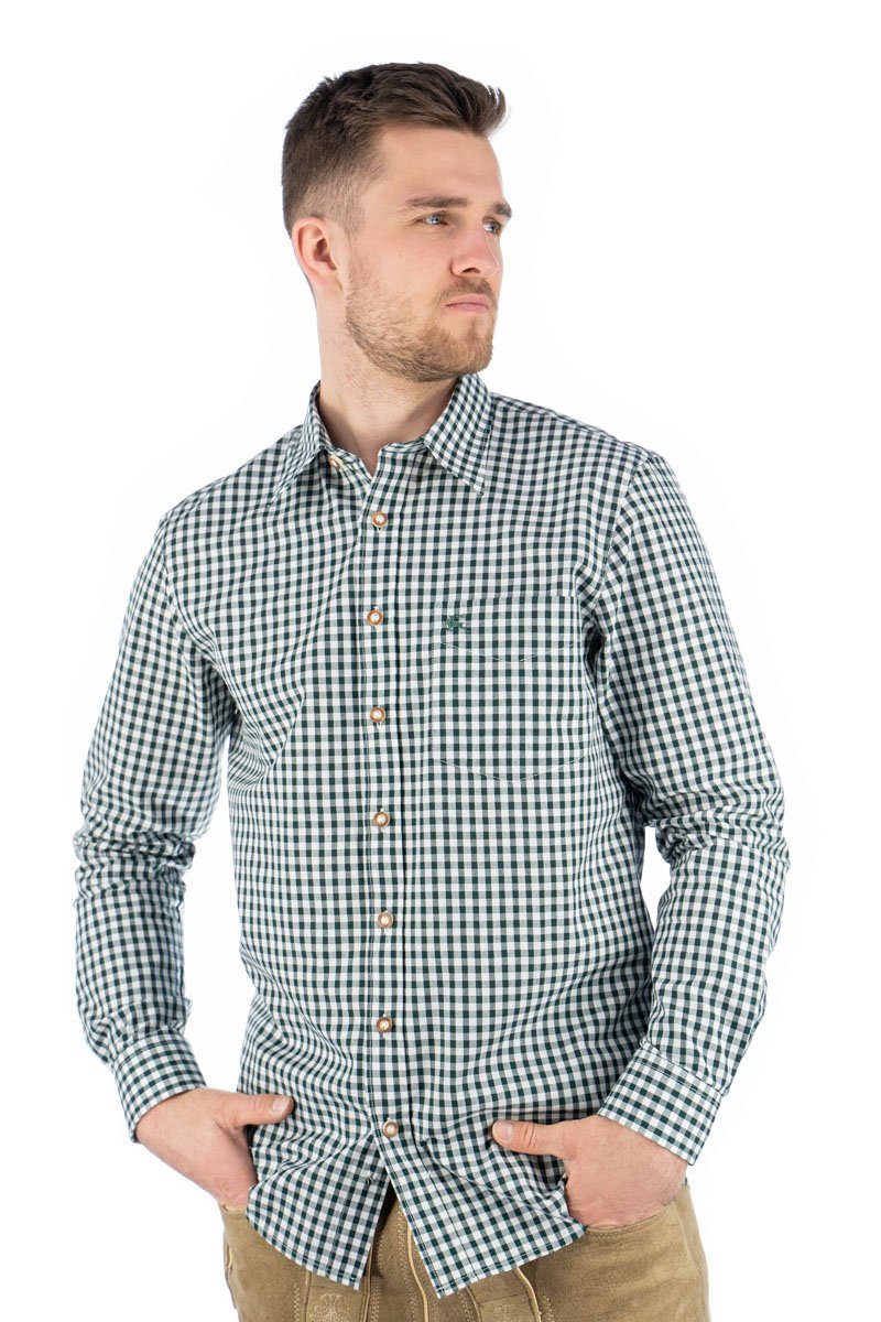 OS-Trachten Trachtenhemd Panxeta Langarmhemd mit Stickerei auf der Brusttasche dunkelgrün