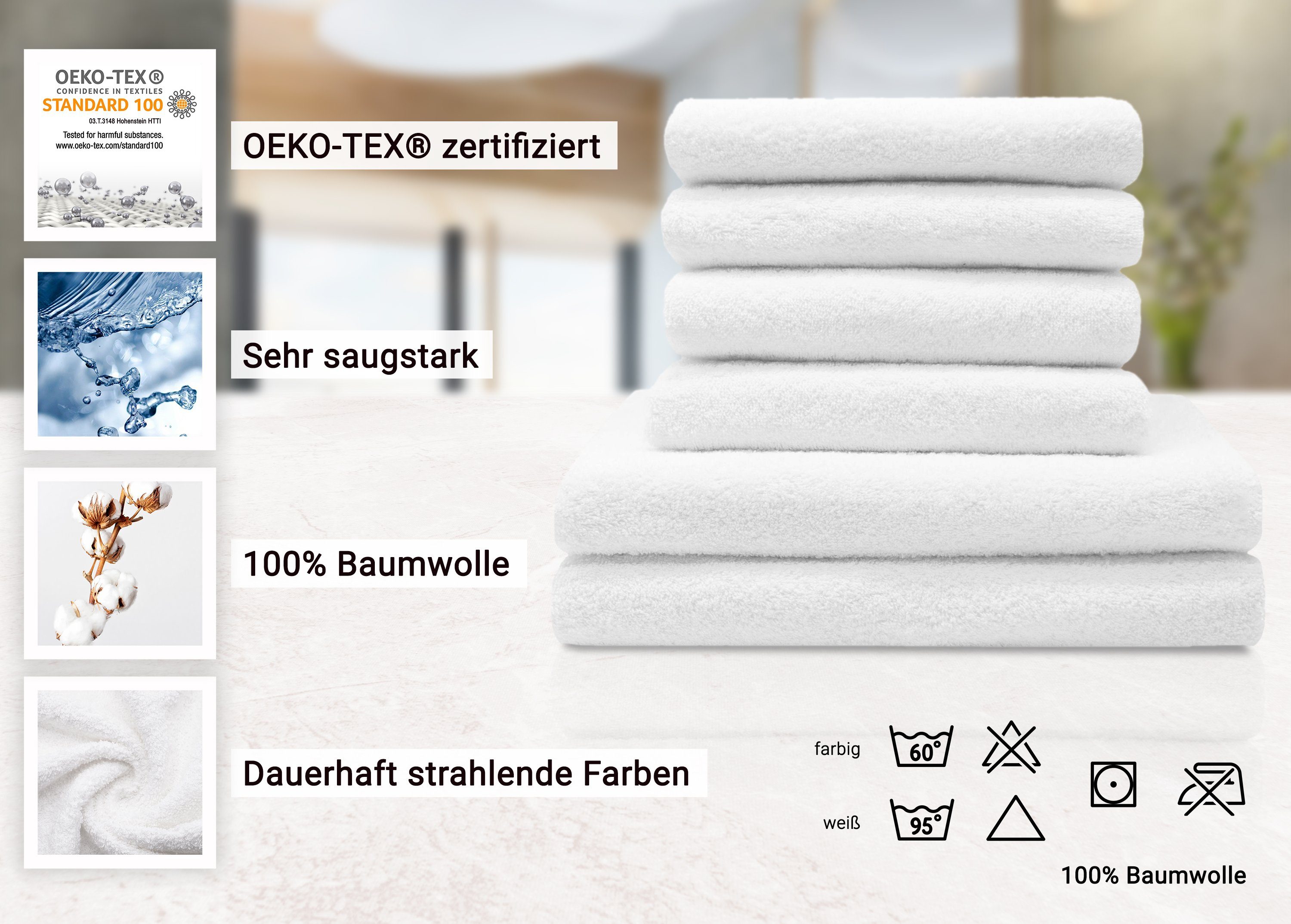 ZOLLNER Handtuch Set, vom (6-tlg), Walkfrottier, 100% Hotelwäschespezialisten Baumwolle, weiß