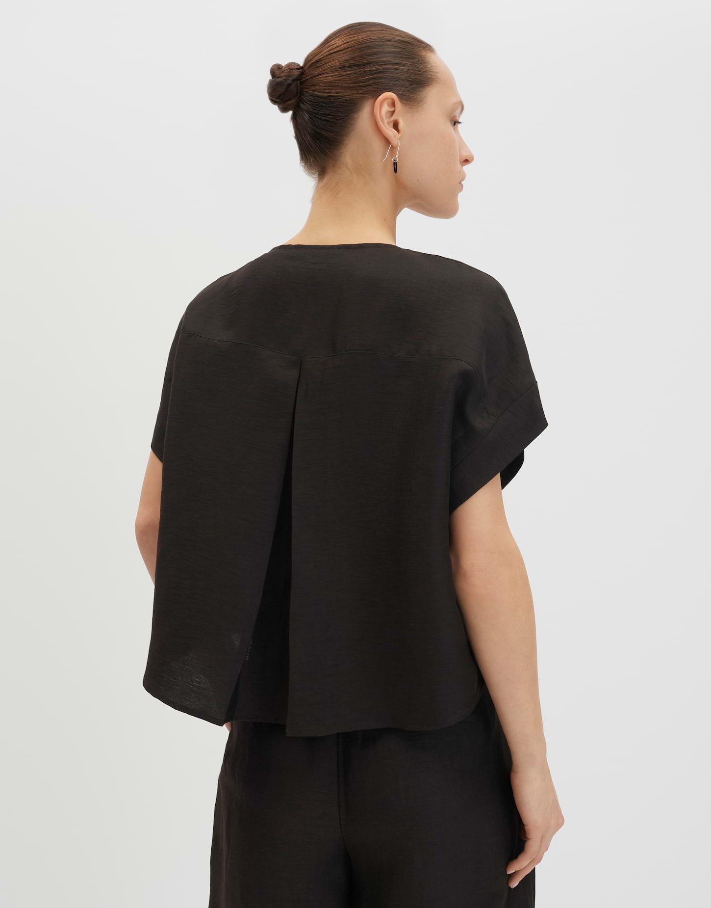someday Kurzarmbluse Kragenlose Bluse aus Leinen Mix Loose Fit Kellerfalte und Knopfleiste für Alltag