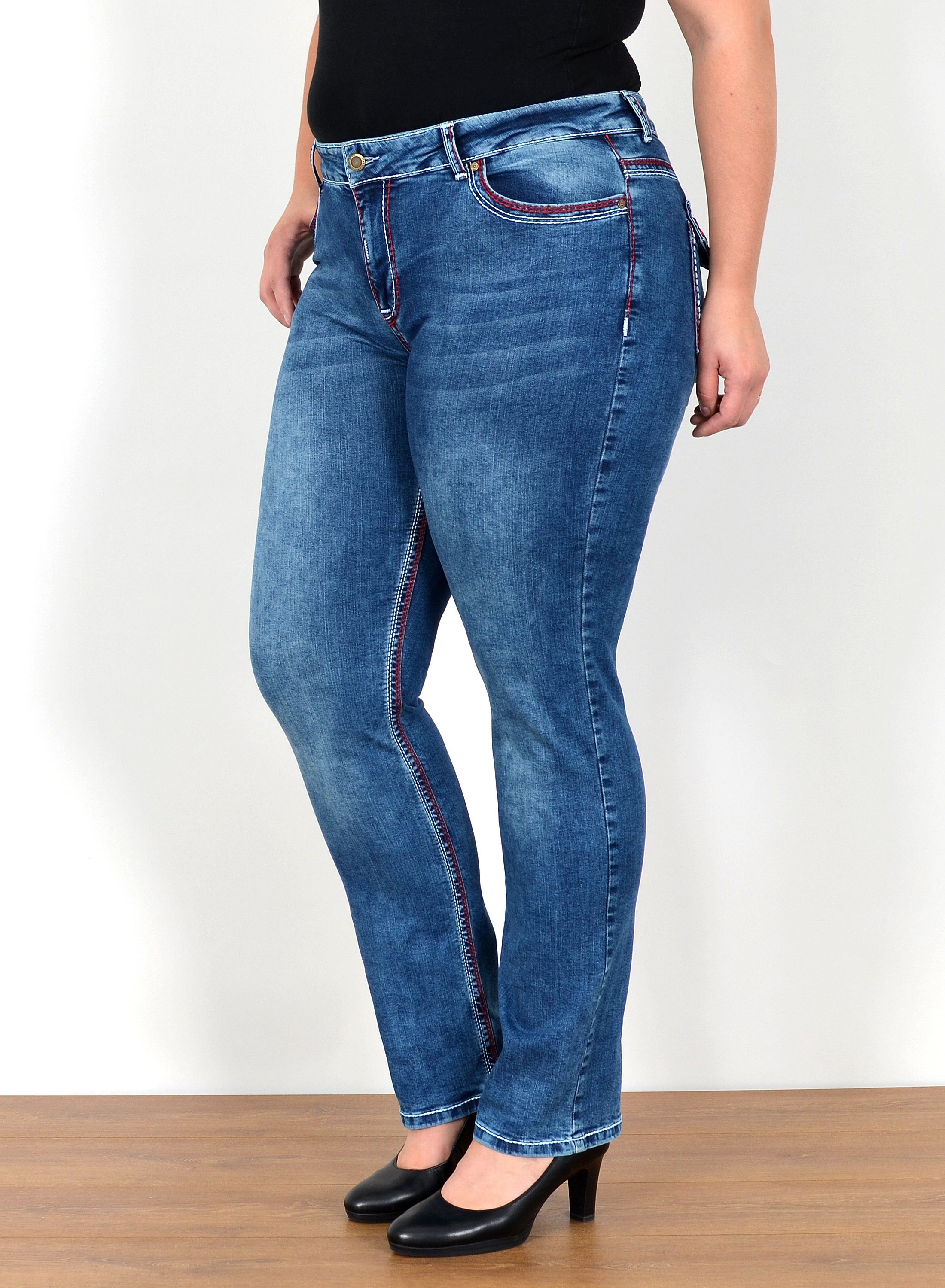 ESRA Straight-Jeans FG12 Straight Fit Jeans Damen High Waist Hose Kontrastnähte bis Plus Size
