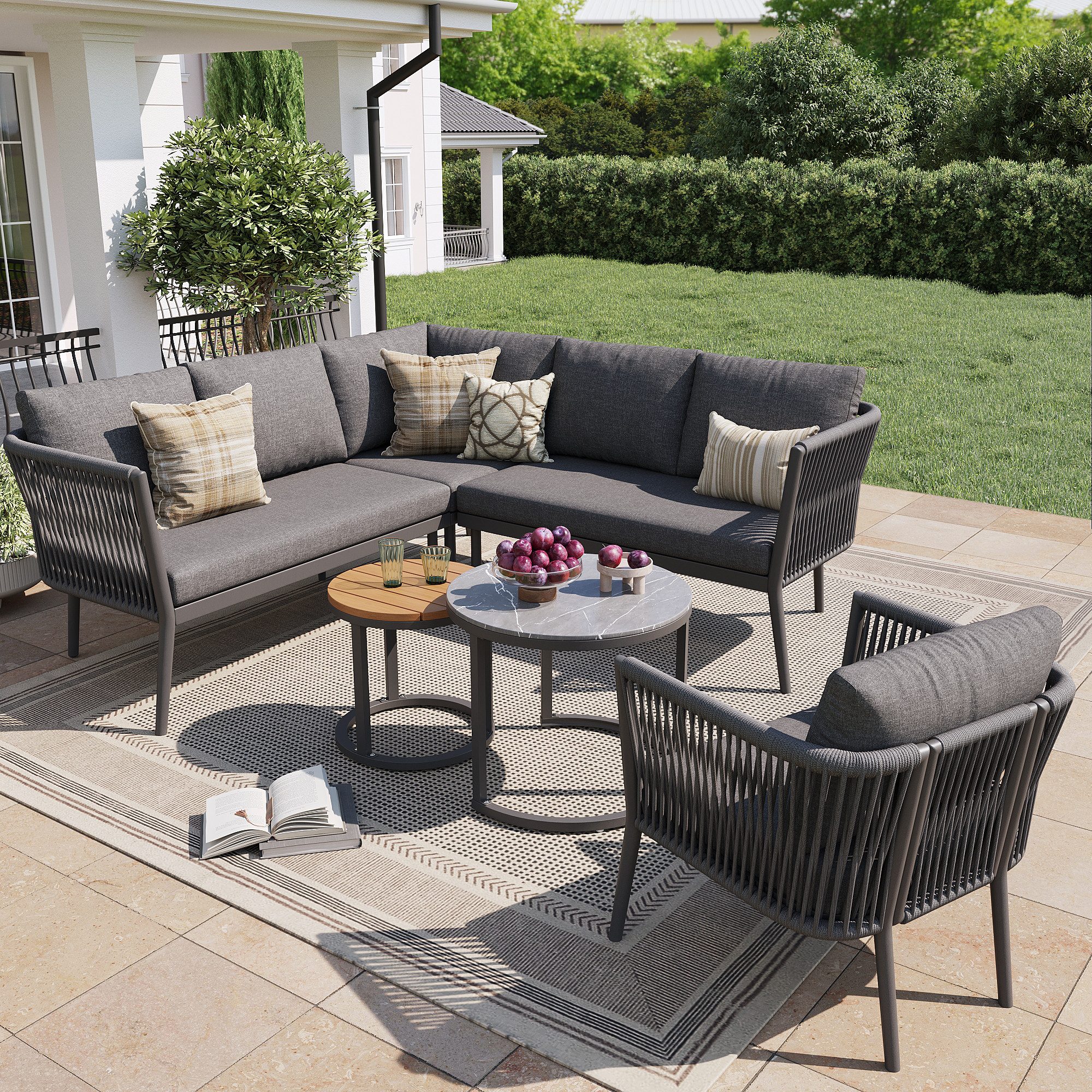 MODFU Gartenlounge-Set Großes Outdoor Sofa Set, (mit wasserfester Sitzbank und Kissenset, Modulares Ecksofa Set für Terrasse Balkon, 1-tlg., Sofa 114,5×61×67, Sessel 53×53×75, Eck 61×61,5×67, Tische 41,5/58 cm)