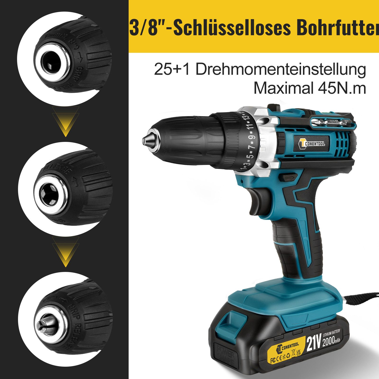 CONENTOOL Akku-Schrauber Akkuschrauber und Bohrschrauber, 1850 U/min, 45 Nm, (Set, 21V), mit 2 x 2000mAh Akkus & 30-tlg. Zubehörset
