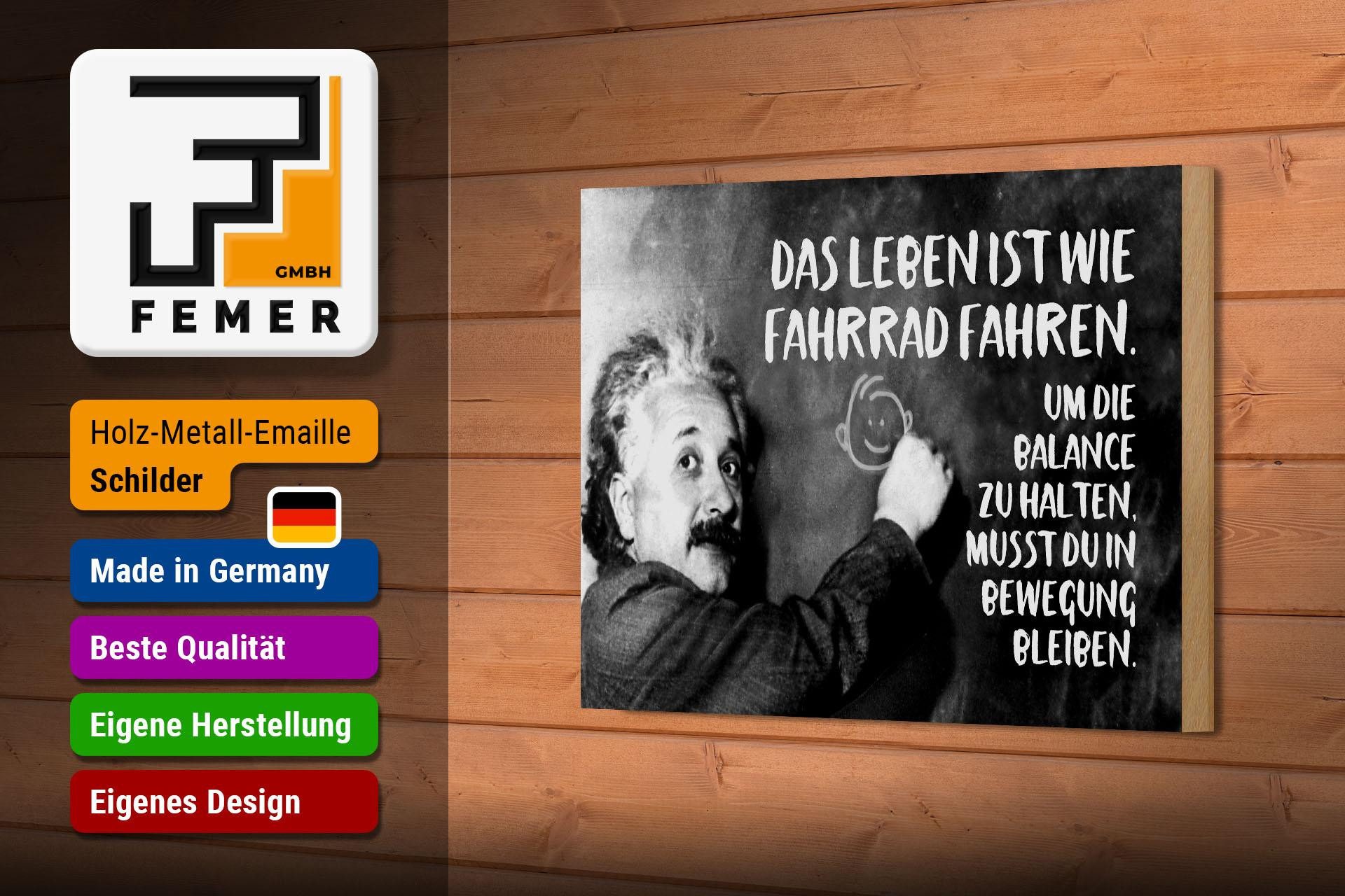 Femer GmbH Holzbild Zitat 12x18 cm Einstein Tafel Das Leben ist wie Fahrrad fahren, (1 St), Glatte Holzfaserplatte (MDF), vorn beschichtet