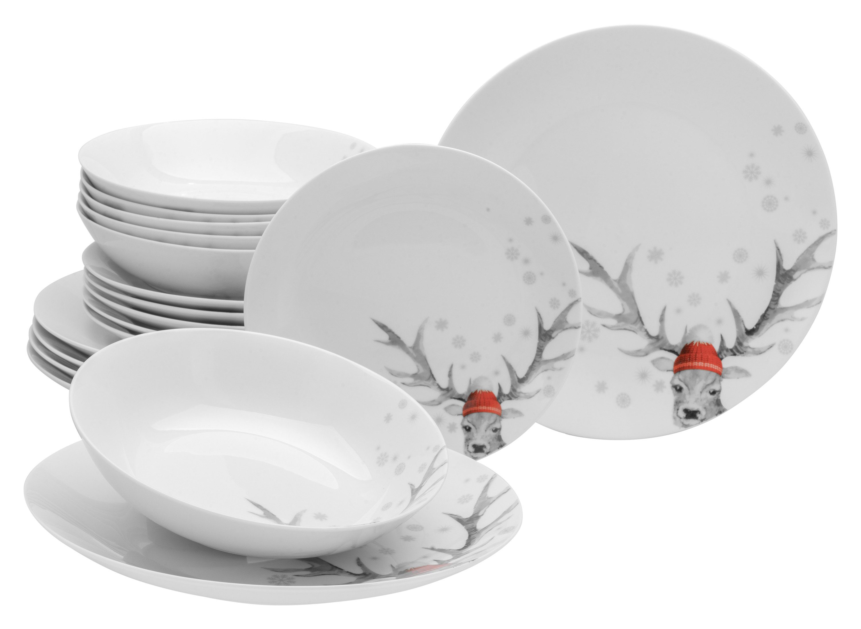 creaTable Tafelservice Hirsch Weiss Tafelservice 12-tlg (12-tlg), 6 Personen, Porzellan