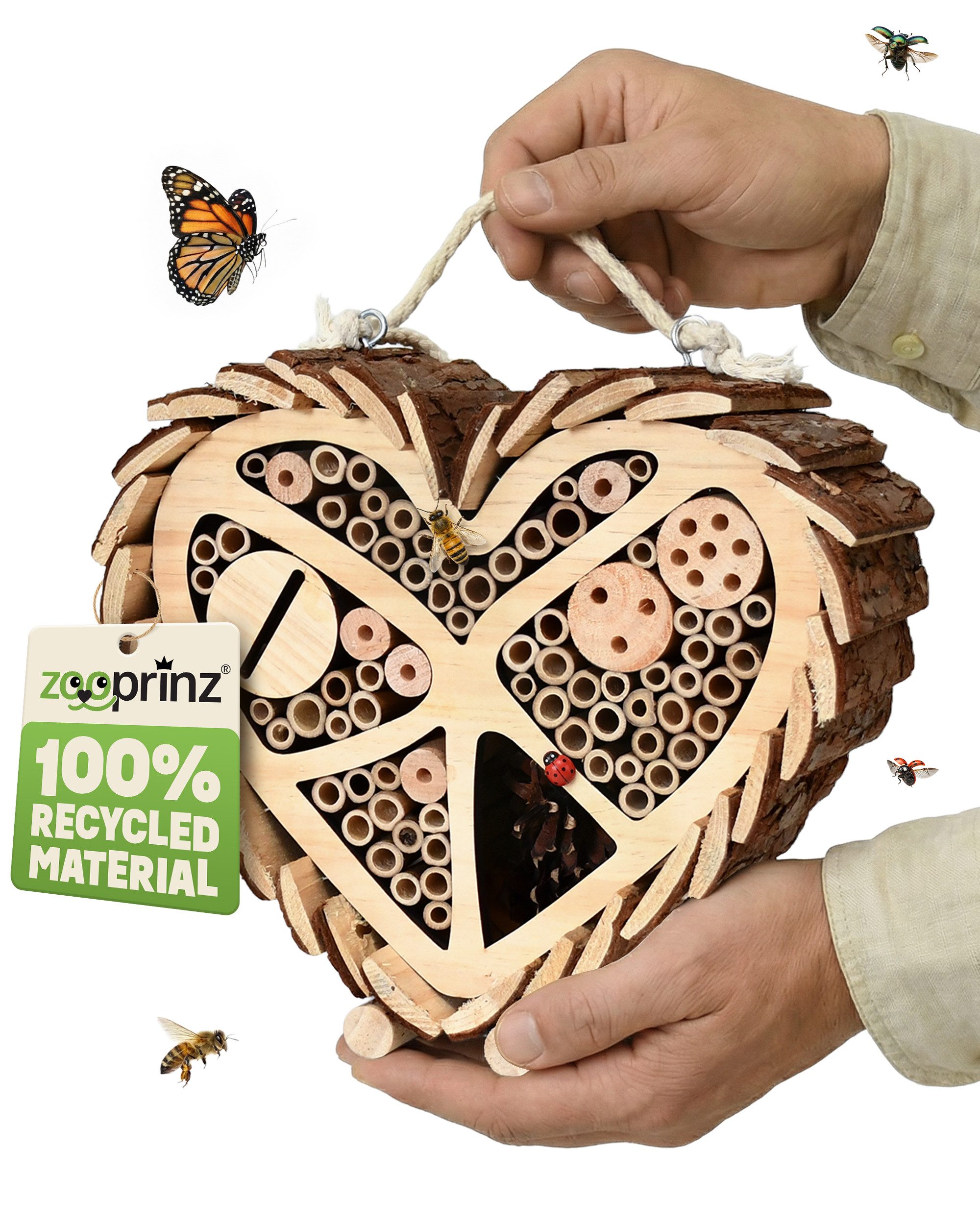 Zooprinz Insektenhotel Insektenhaus mit Aufhängung, Herzform XXL, Vollholz, Bambus, Tannenzapfen, Holzschlitz, 29x24 cm Kiefernholz