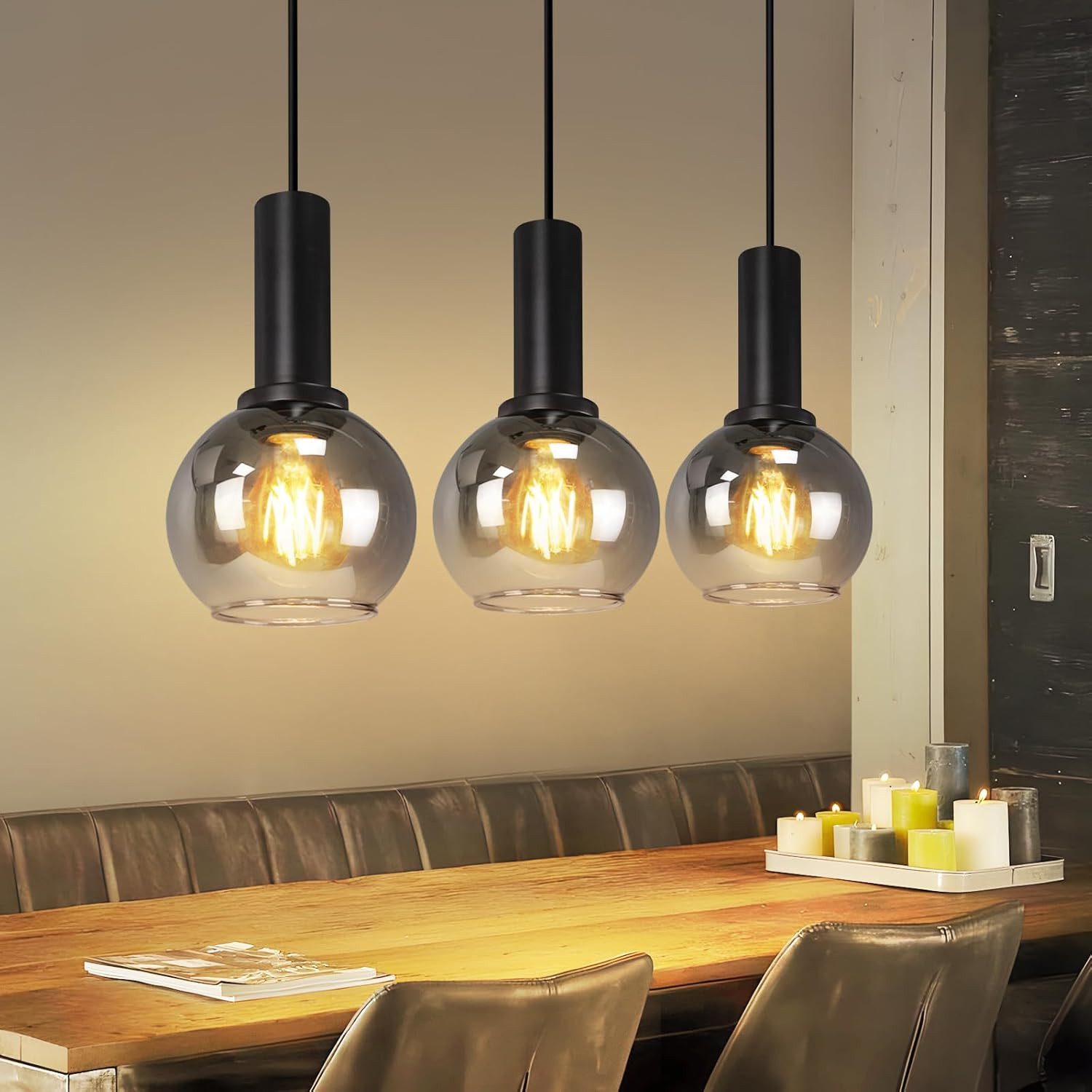 Nettlife Pendelleuchte Vintage Esstisch Glas Schwarz Industrial E27 Wohnzimmer, Höhenverstellbar, LED wechselbar, Esstischlampe für Wohnzimmer Küche
