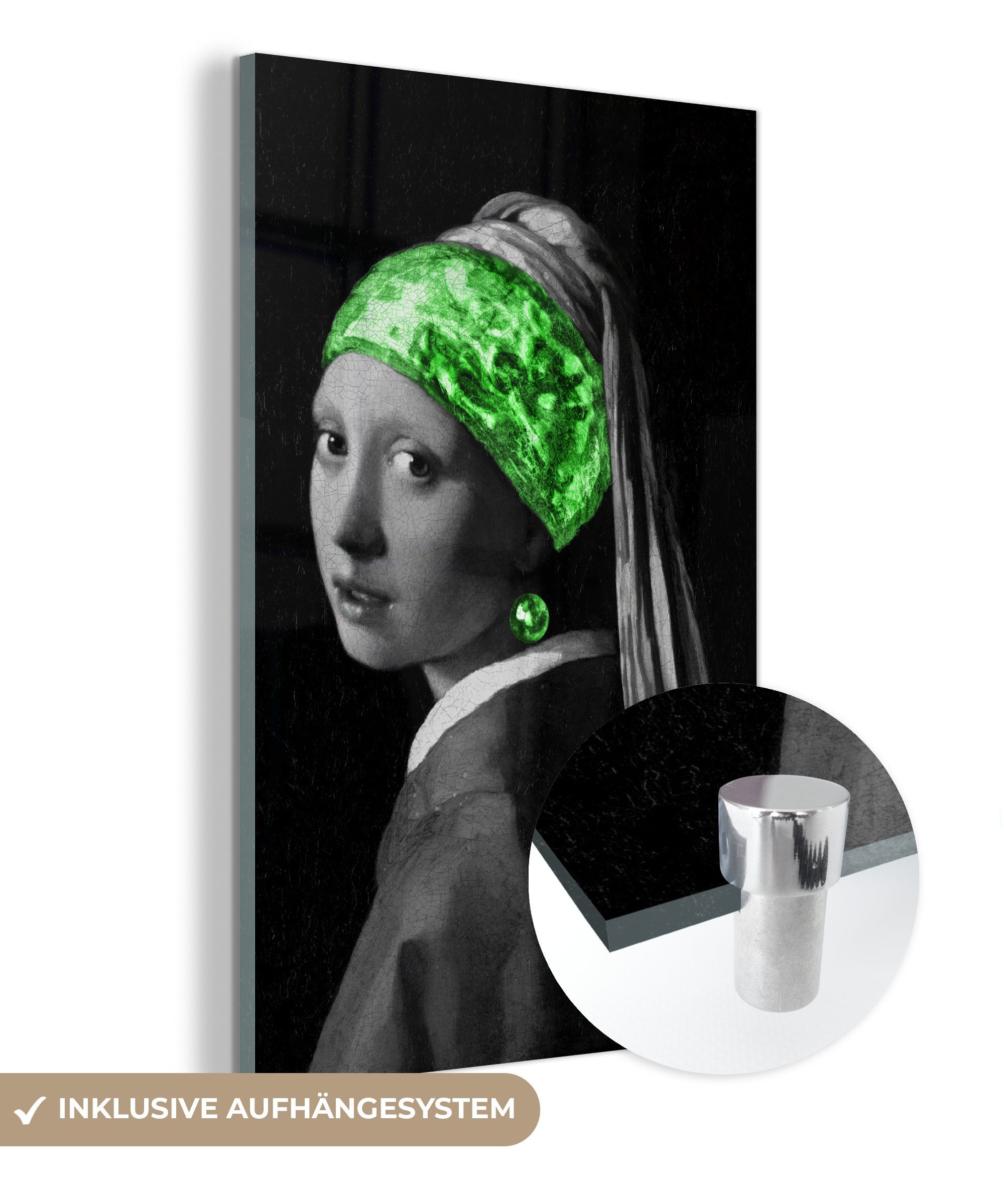 Grün, Foto Das auf mit Perlenohrring Acrylglasbild - - Vermeer auf Mädchen MuchoWow - - Johannes St), Glasbilder - Glas (1 dem Bilder Wandbild Wanddekoration Glas