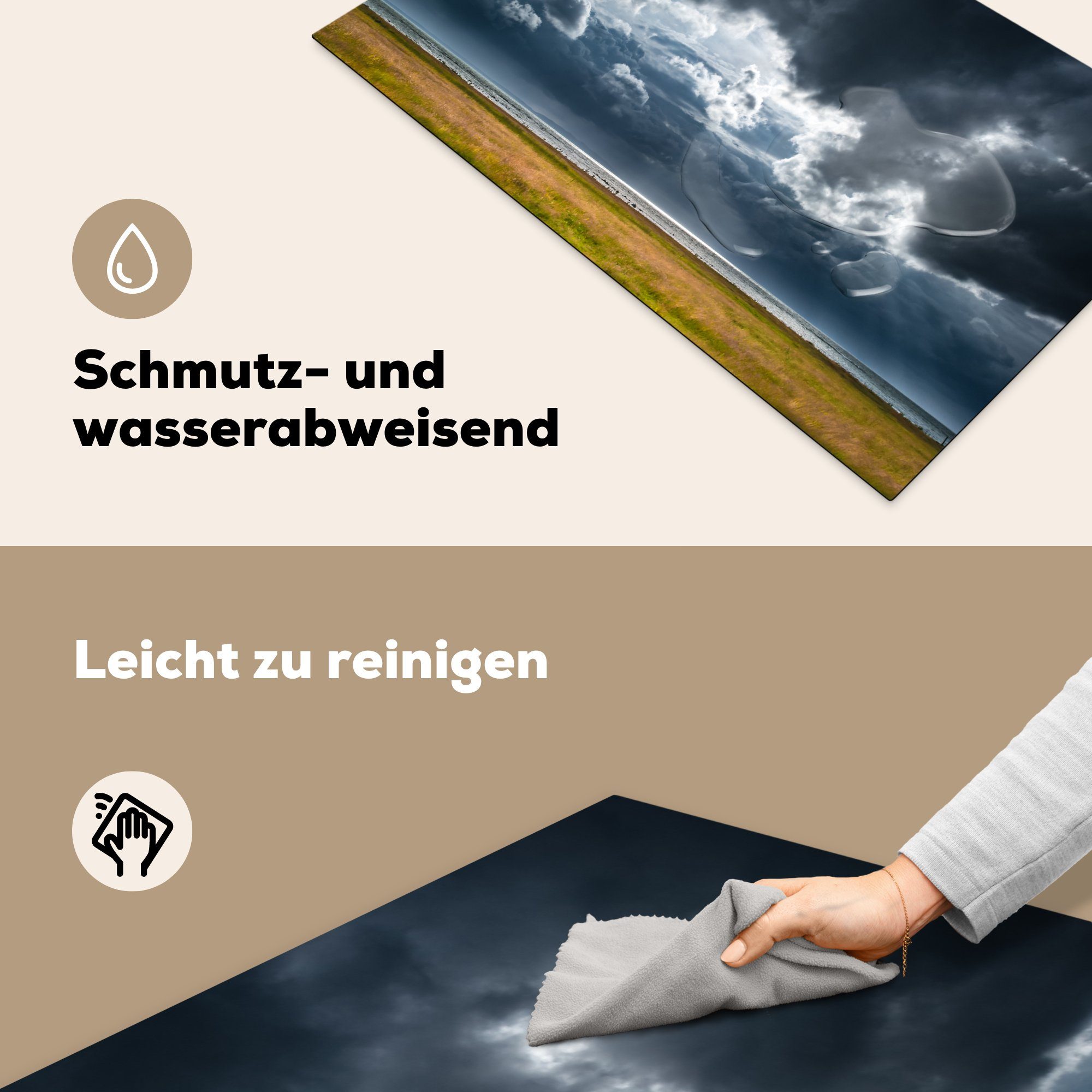 Vinyl, für Ceranfeldabdeckung, Arbeitsplatte MuchoWow (1 küche Herdblende-/Abdeckplatte cm, Dunkle über Landschaft, einer tlg), Wolken grünen 83x51