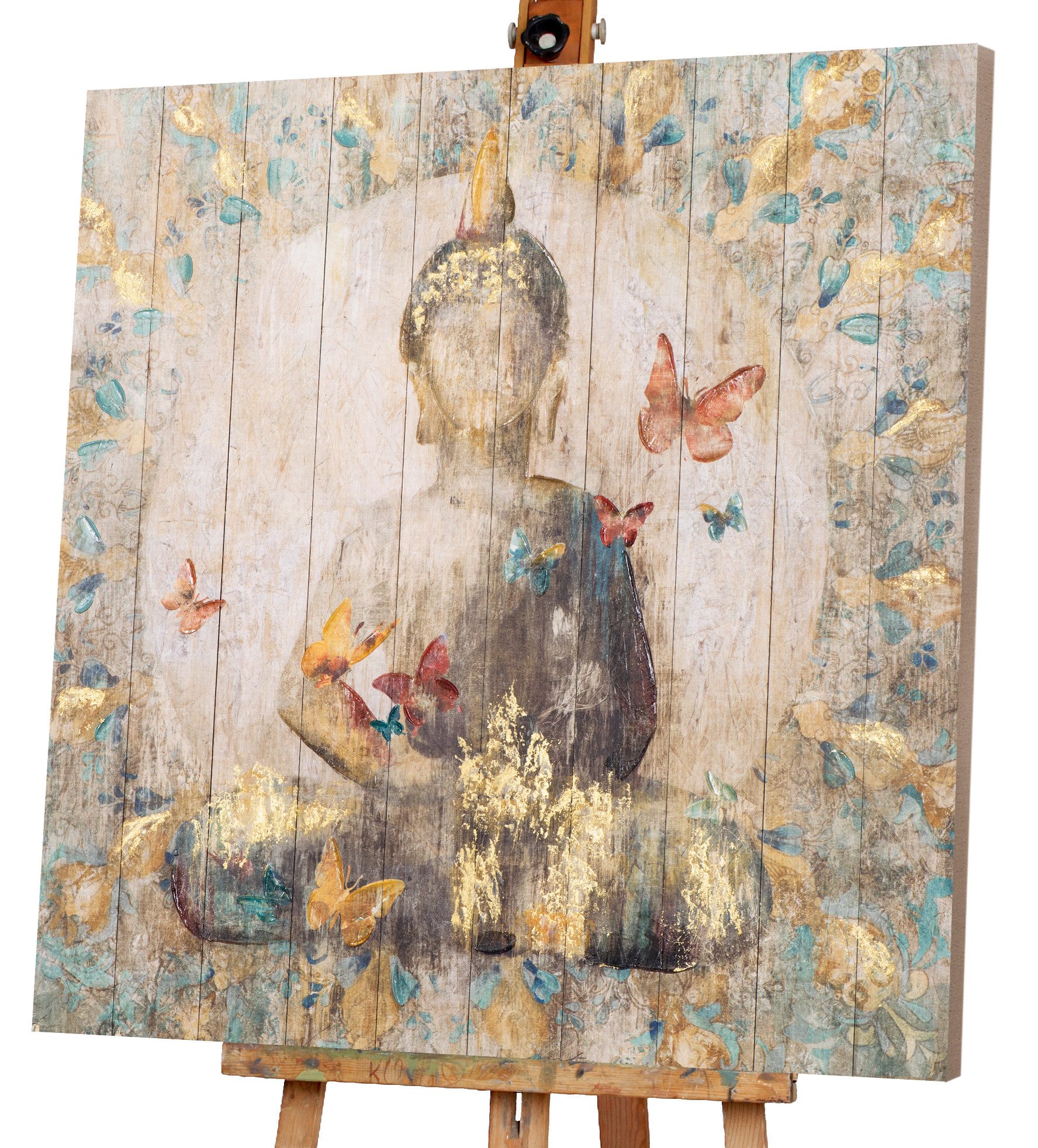 ArtUniverse Gemälde Buddha mit Schmetterlingen 100 x 100 cm, Menschenmotiv