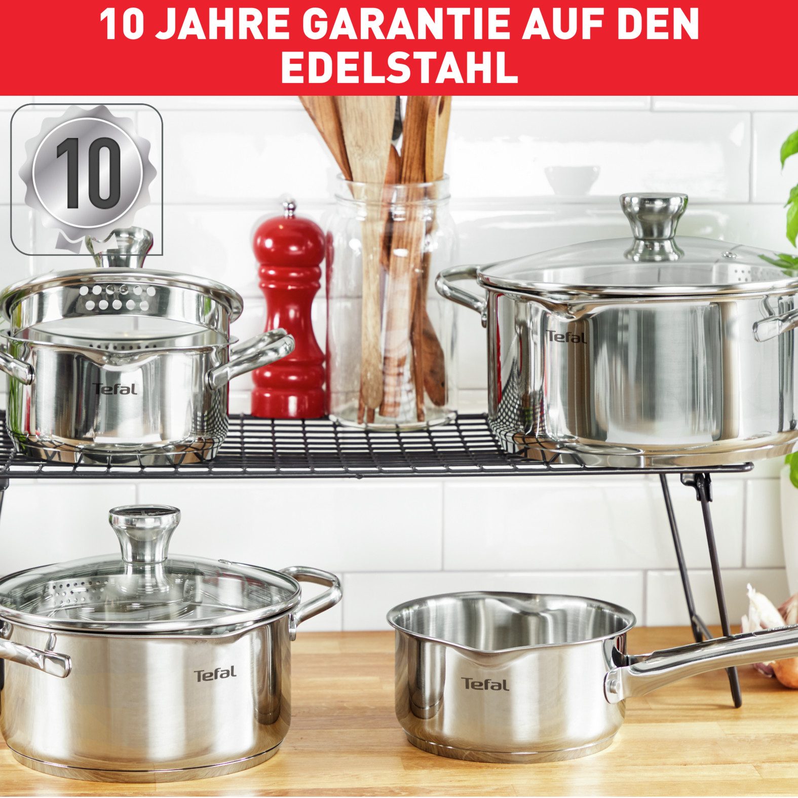 Tefal Topf-Set Duetto Induktion, robust und hochwertig, Induktions Töpfe Set, Edelstahl (Set, 9-tlg., 1x Stielkasserolle 16 cm, je 1 Kochtopf mit Deckel 18/20/22/24 cm), mit Siebdeckel, für alle Herdarten geeignet