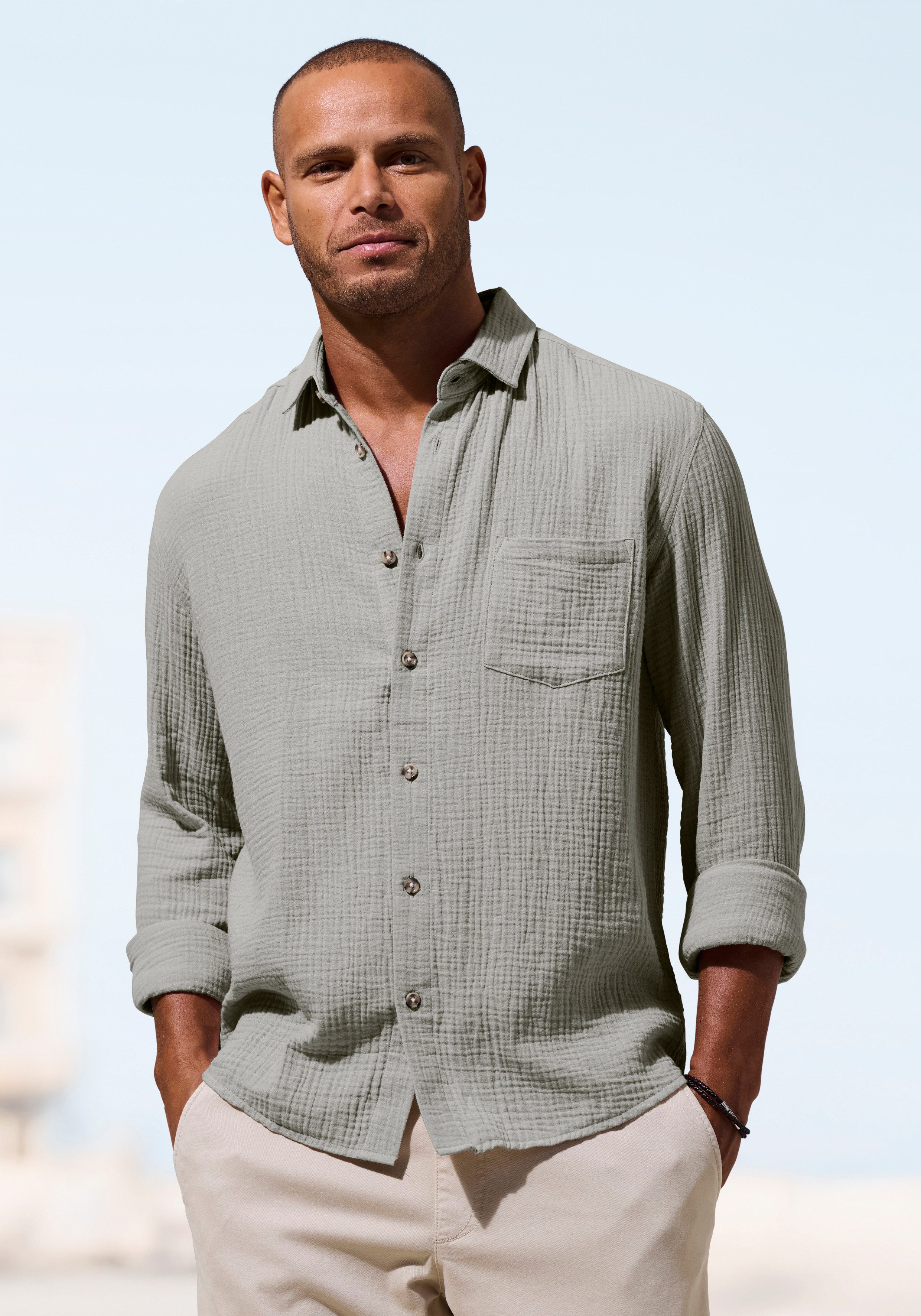 Beachtime Langarmhemd Regular fit Langarm, Freizeithemd aus Musselin-Ware