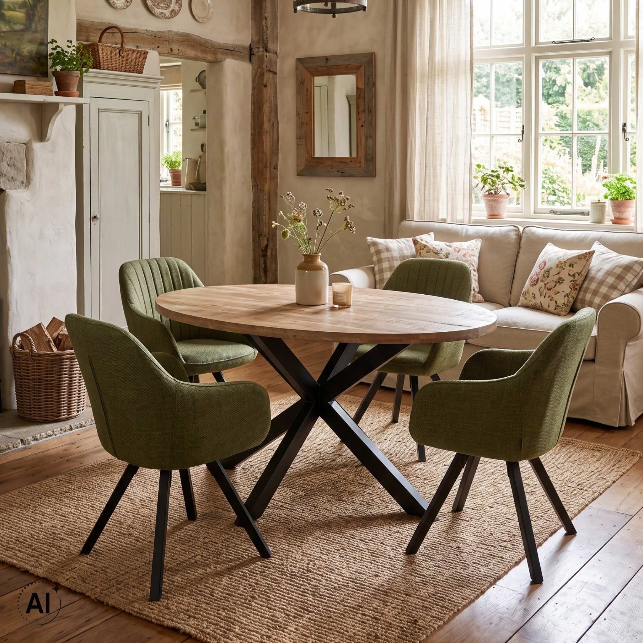 MR.DEKO Esszimmer-Set Mangoholz Tisch Avola & Stühle Matera grün oval FSC®100%, (Küchenmöbel für 4-6 Personen, 5-St), Esstisch Holz mit Diningsesseln 360° drehbar