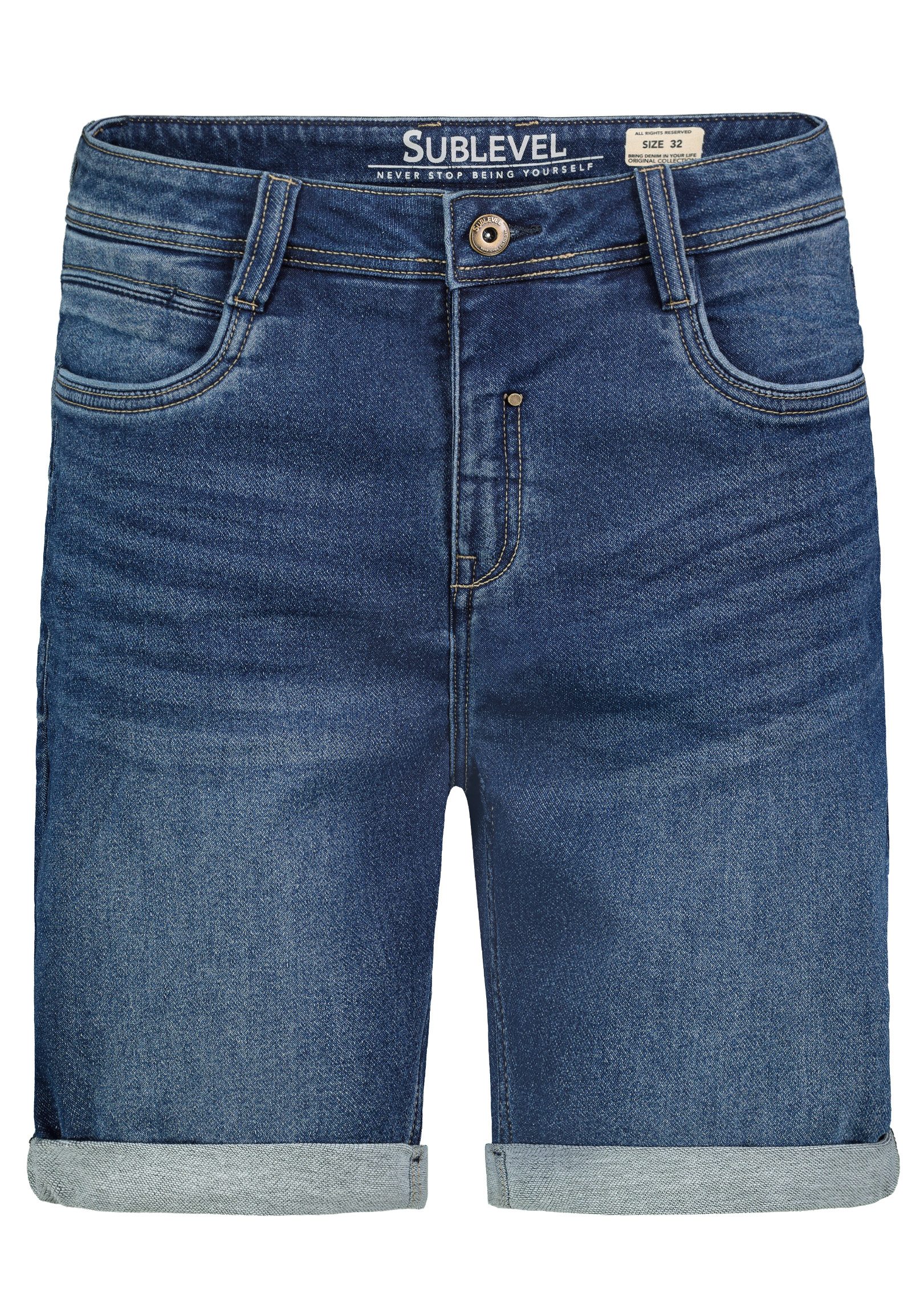 SUBLEVEL Jeansshorts im Used-Look mit umgeschlagenem Saum, für Herren Baumwolle Regular Fit unifarben elastisch Reißverschluss