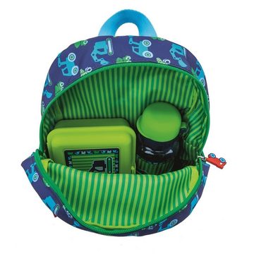 COPPENRATH DIE SPIEGELBURG Kinderrucksack Kleine Freunde Bagger (Set, 4-tlg. inkl. Turnbeutel, Brotdose und Trinkflasche), Rucksack für Jungen in Blau Grün mit Baustellenfahrzeuge