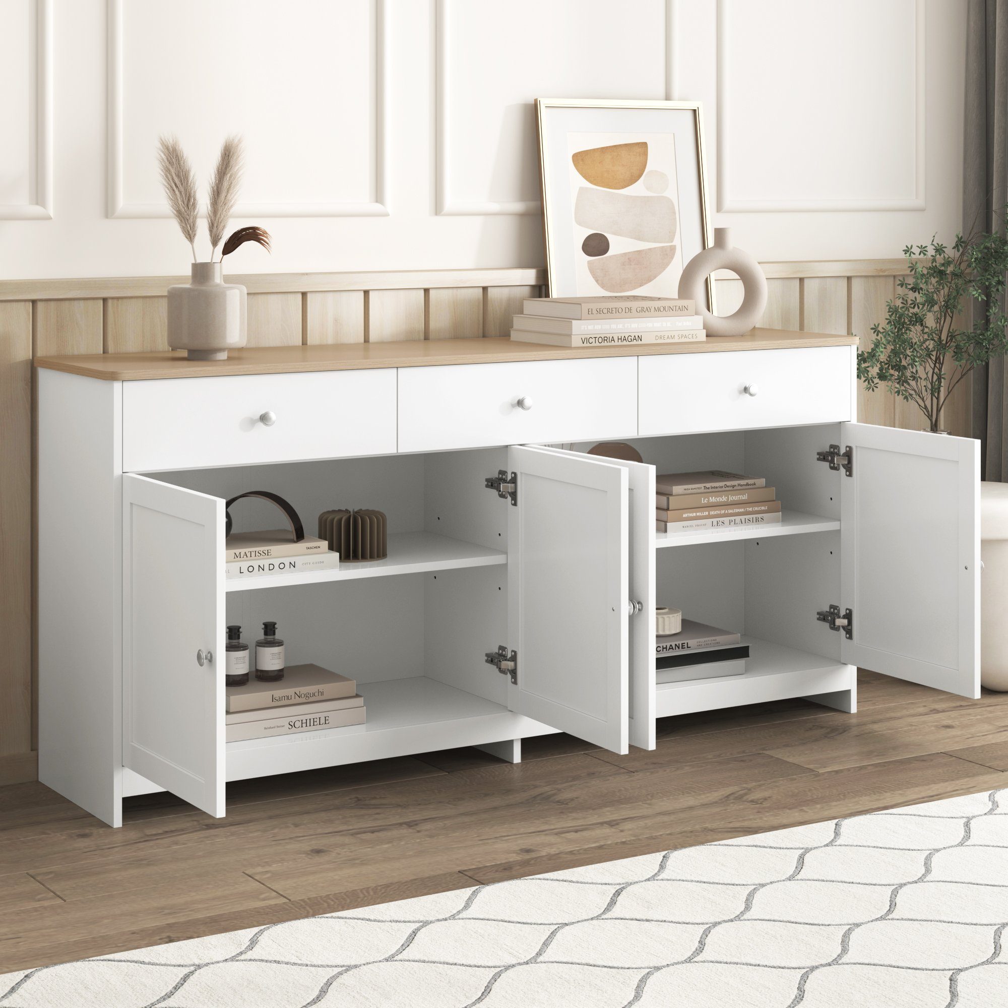 Merax Kommode Aufbewahrungsschrank mit drei Schubladen und vier Klappen, Sideboard im Landhausstil,Anrichte,Wohnzimmerschrank,B:160cm