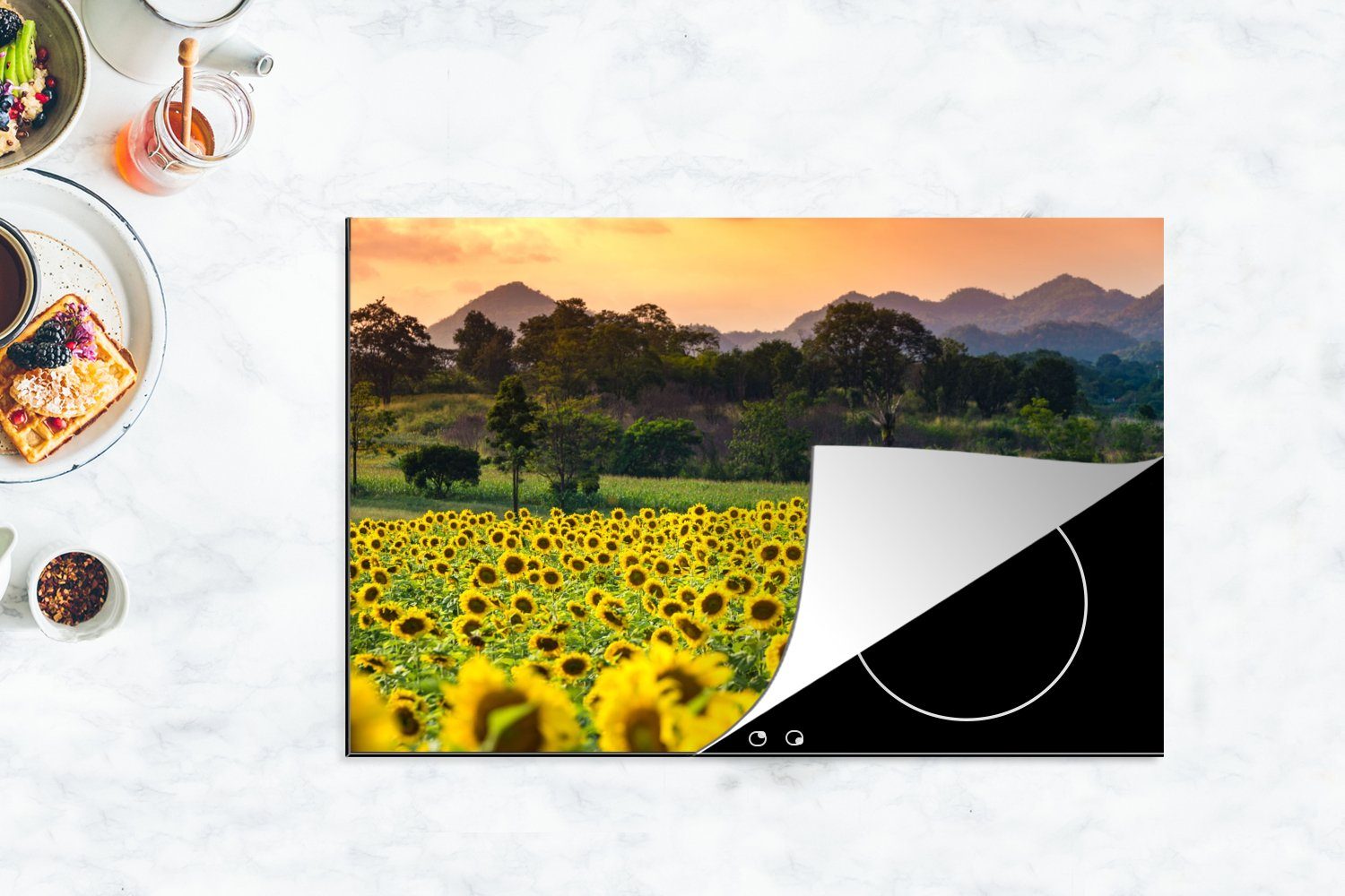 Sonnenblume Natur cm, küche, Herdblende-/Abdeckplatte Induktionskochfeld Berg, Vinyl, (1 80x52 für Ceranfeldabdeckung tlg), MuchoWow Schutz - die -