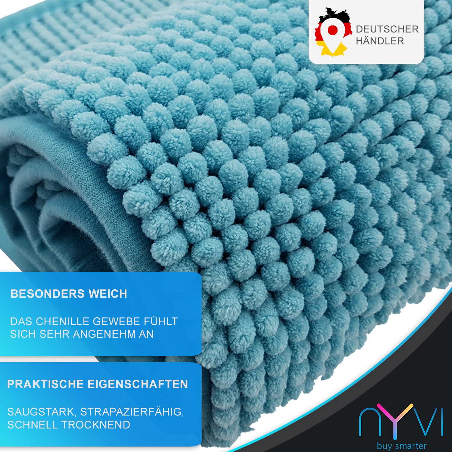 NYVI Badematte WC Vorleger NYVISpa Chenille Badvorleger, Höhe 20 mm, Polyester, Rutschfest, Saugfähig, Schnell Trocknend, Fußbodenheizung geeignet – Bild 2 von 5