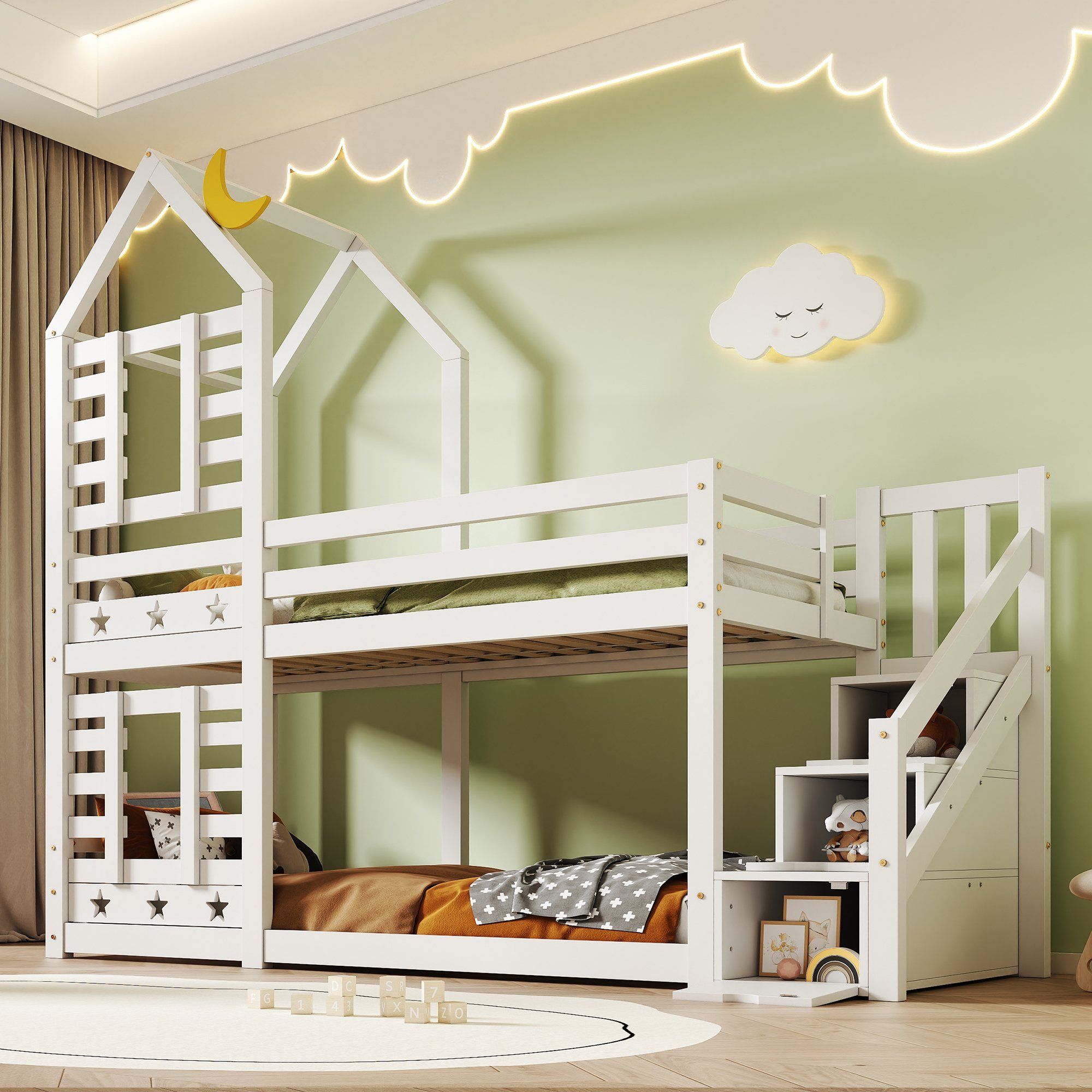 Etagenbett (Hausbett mit Lattenrost), Kinderbett mit Treppe Schubladen und Rausfallschutz 90x200cm