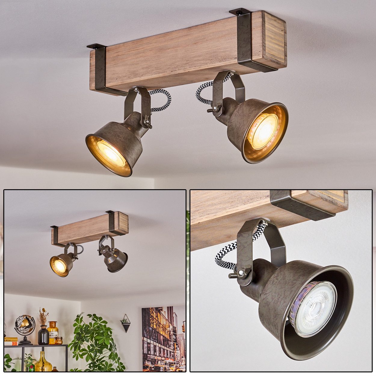 hofstein Deckenleuchte moderne Deckenlampe aus Metall/Holz in Grün-Grau/Nat günstig online kaufen
