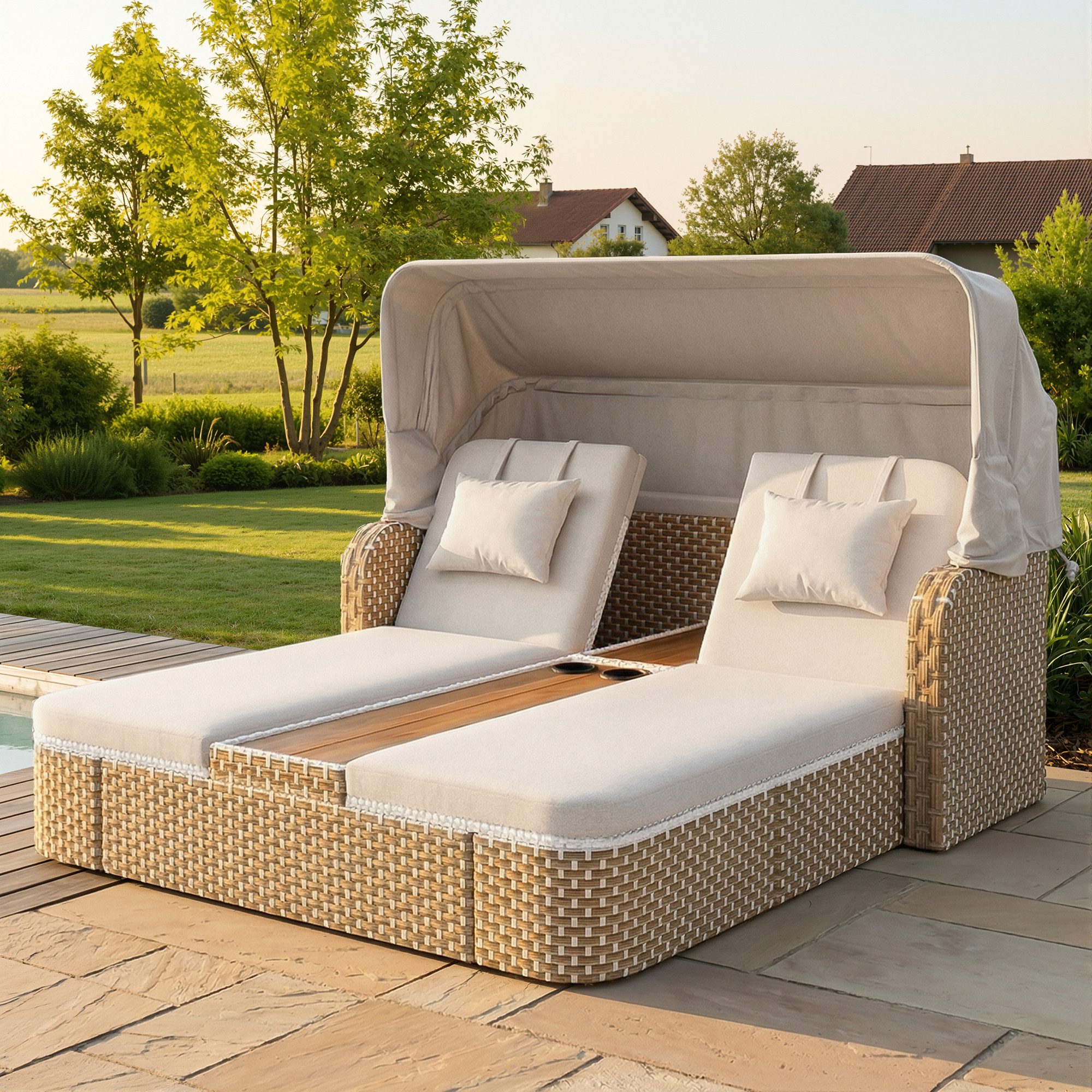 i@home Gartenlounge-Set Relaxsessel, (3-tlg., Garten-Liegestuhl mit Markise), Wetterfeste Terrassenmöbel, geeignet für Balkone und Gärten
