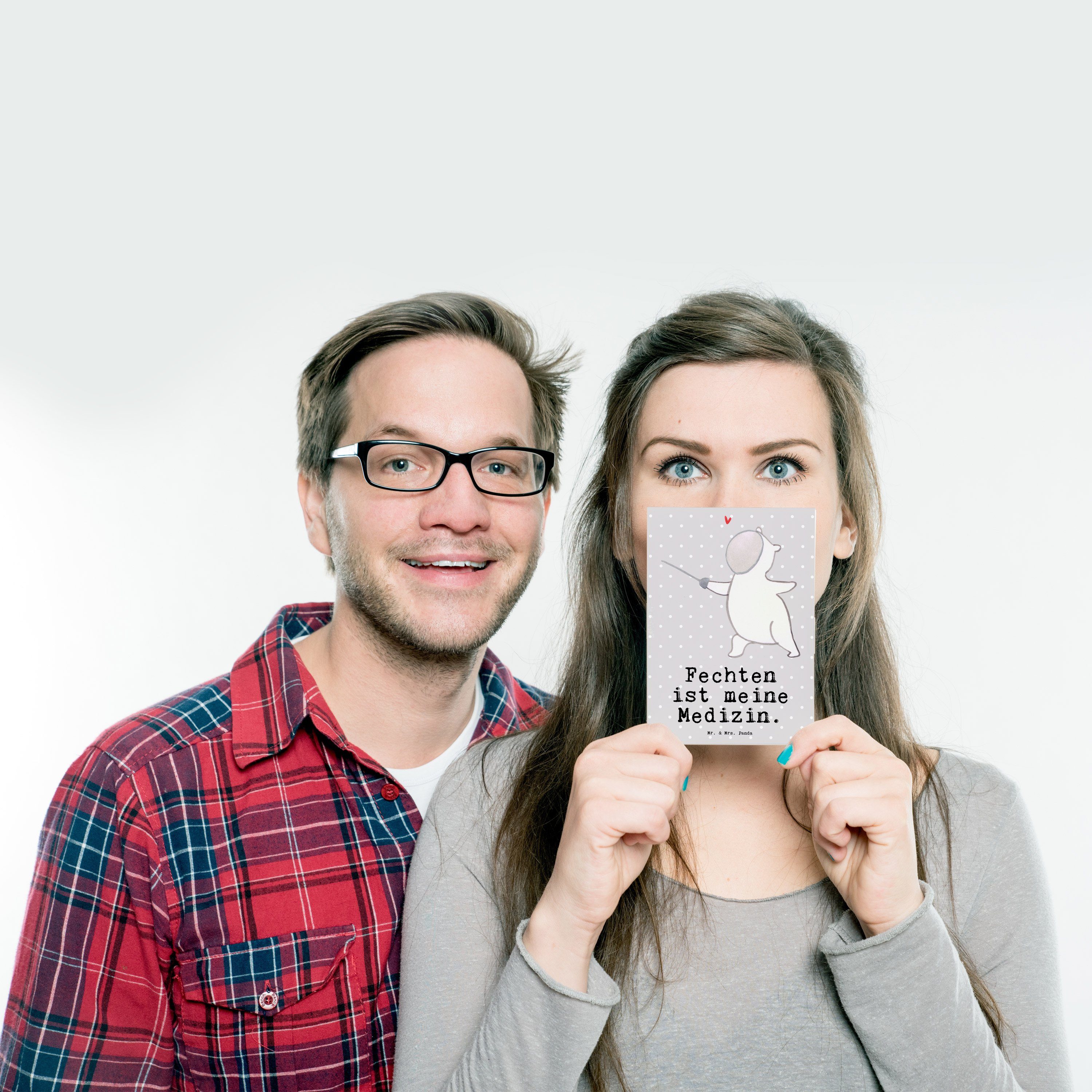 Mr. & Mrs. Panda Schenken, Postkarte - - Medizin Panda Sportler Fechten Geschenk, Pastell Grau