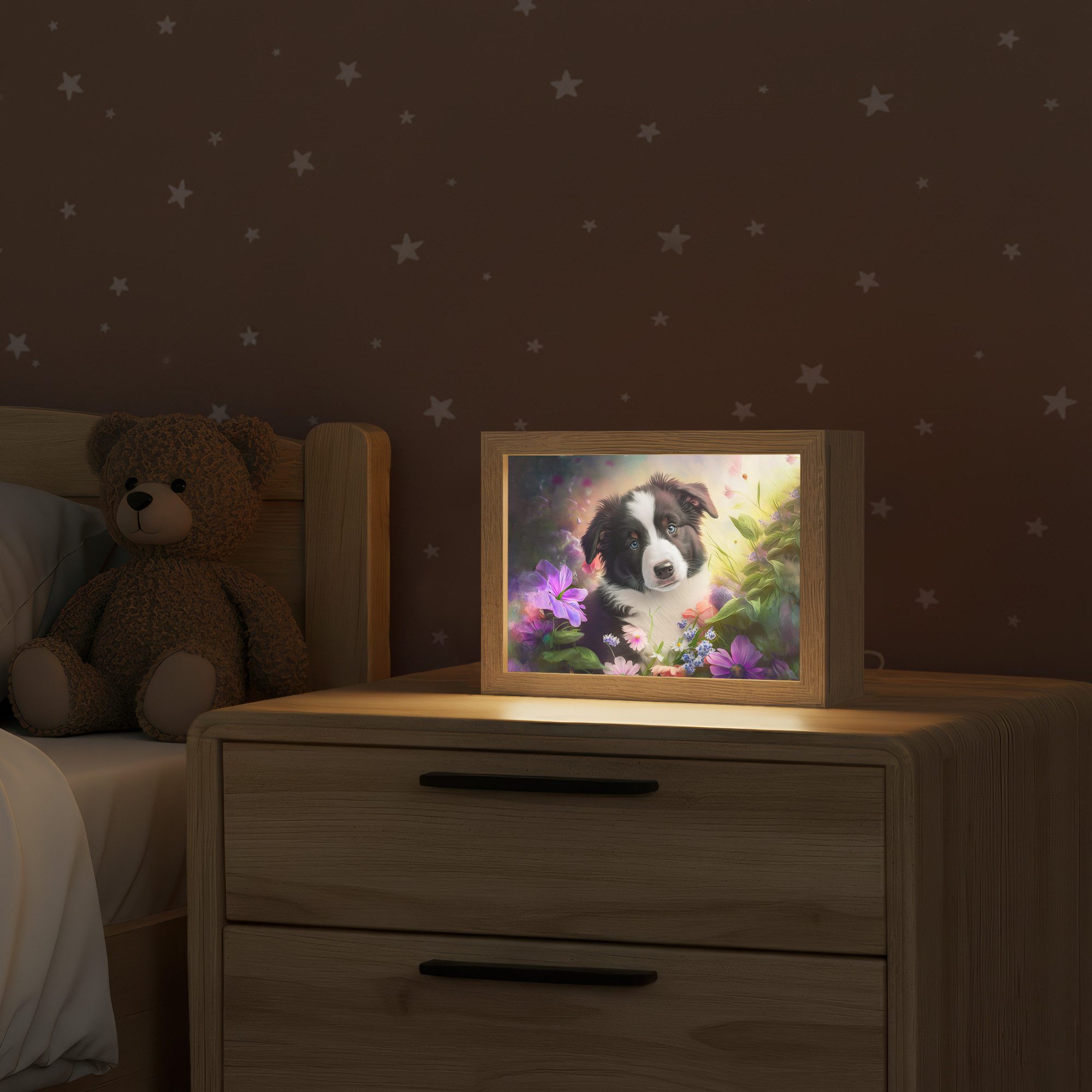 OnlyWow Nachttischlampe Lightbox Welpe - Sonne - Blumen - Natur - Border Collie - Hund - Mädch, Dimmbar, Farbwechsel, LED, Warmweiß, Kaltweiß, Neutralweiß Einstellbar, Nachtlicht, Kinder- und Babyzimmer, Dimmbar, mit Kabel, Tischleuchte