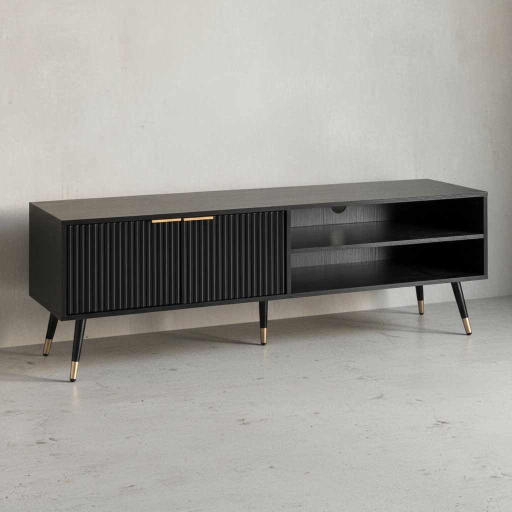 KADIMA DESIGN Lowboard Lowboard Schwarz mit Eiche-Dekor 150x51x39 cm TV-Kommode Modern, (Ablagefächern, Fernsehkommode Wohnzimmer), Design TV-Schrank Hoch, Fernsehtisch Fernsehschrank mit Türen &