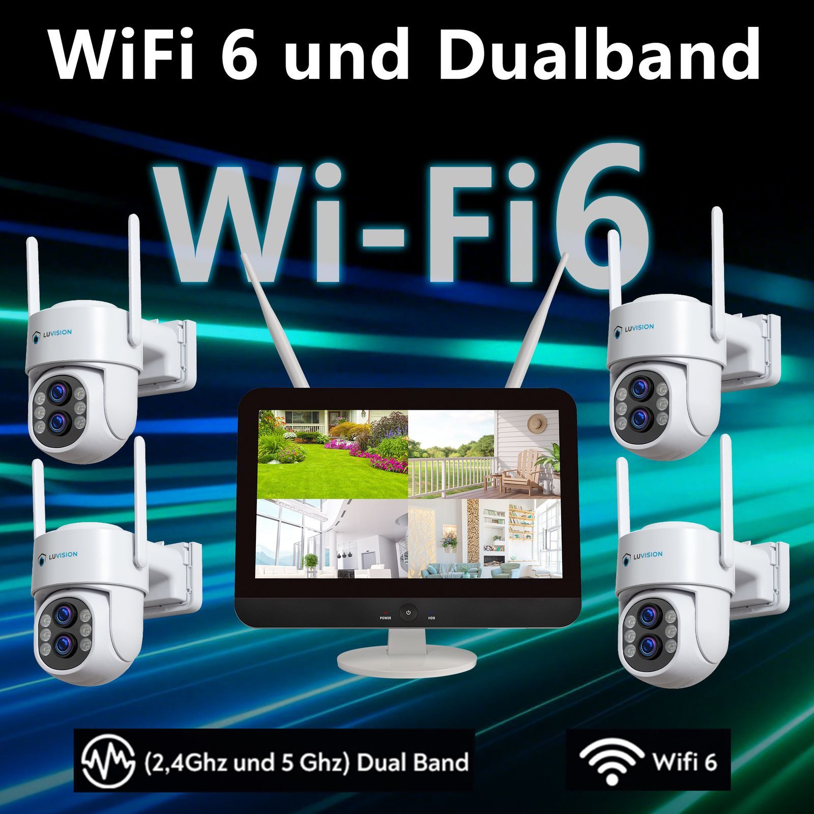 LUVISION Überwachungskamera K8210-W6+PJ2131-W6 4er (Außen- und Innenbereich, 4-tlg., WLAN Funk Überwachungssystem mit 12,5 Monitor Überwachungskamera Set, PTZ, Sirene, Auto-Tracking, KI Person-, Auto-, Tiererkennung, Mikrofon)