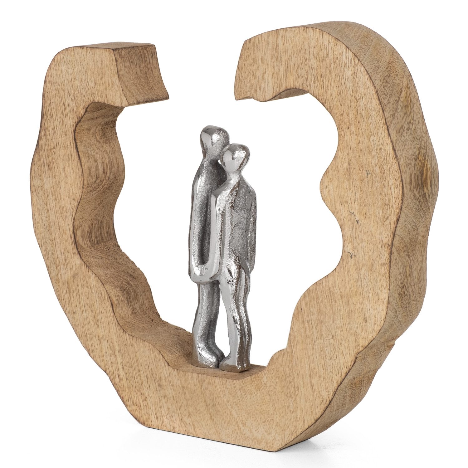Moritz Skulptur Dekofigur Paar Umarmung Aluminium auf Mangoholz, Holz, Tischdeko, Fensterdeko, Wanddeko, Holzdeko, Weihnachtsdeko