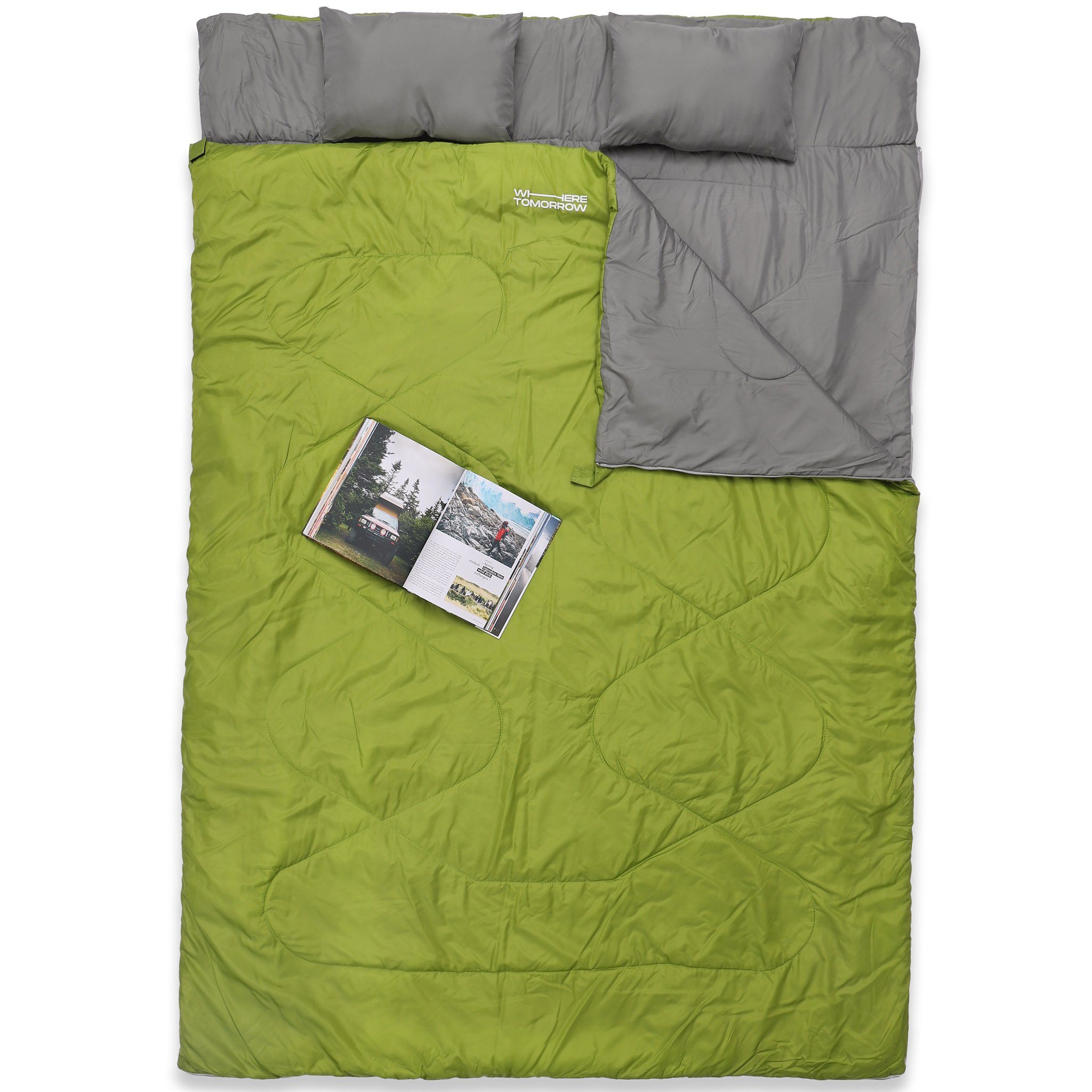 Lumaland Doppelschlafsack 2-Personen Schlafsack groß Kopfkissen, 190x30x150cm - Hüttenschlafsack wasserabweisend, atmungsaktiv Dunkelgrün