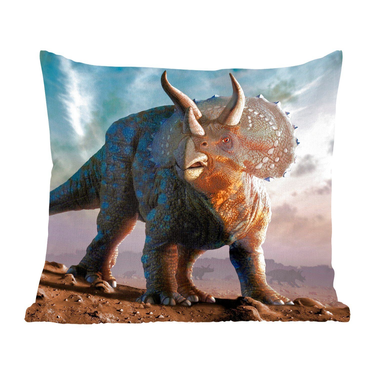 - Dekokissen Deko, Kinder Dino für Triceratops - - Geschichte Sofakissen Schlafzimmer, Junge, Kinder - mit Zierkissen Wohzimmer, Kleiner - MuchoWow Füllung