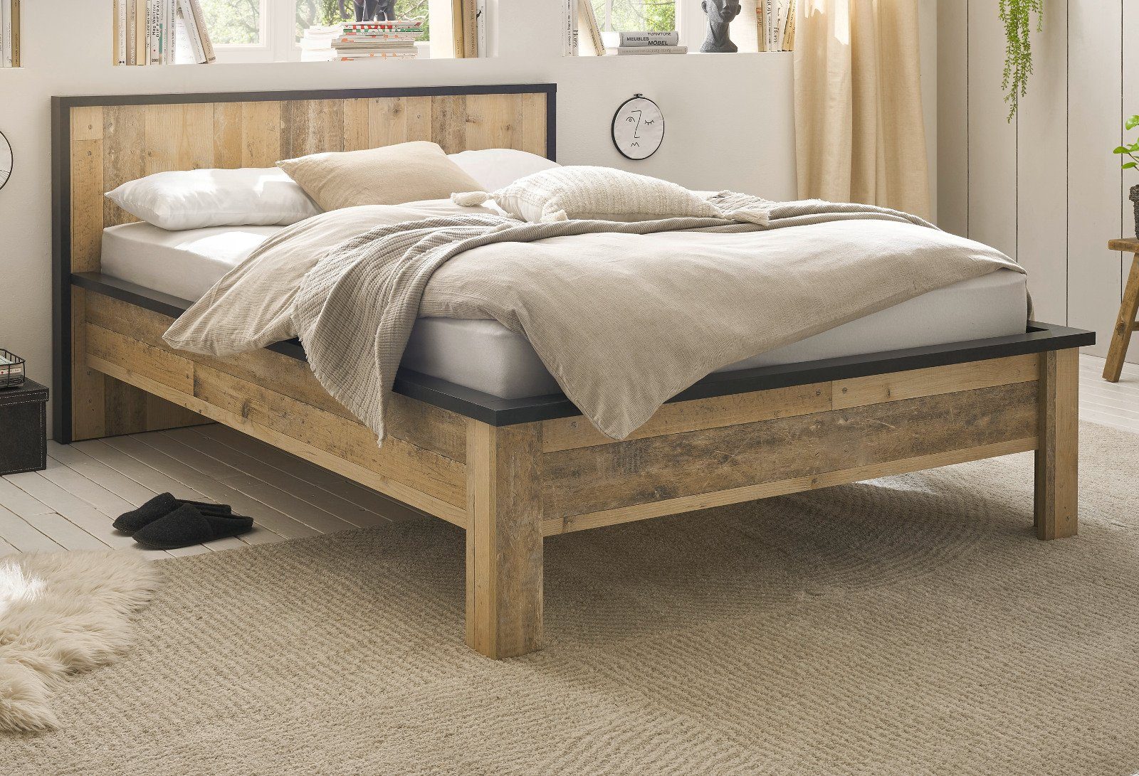 Furn.Design Einzelbett Stove (Bett in Used Wood und Anthrazit, Liegefläche 140 x 200 cm), höhenverstellbar