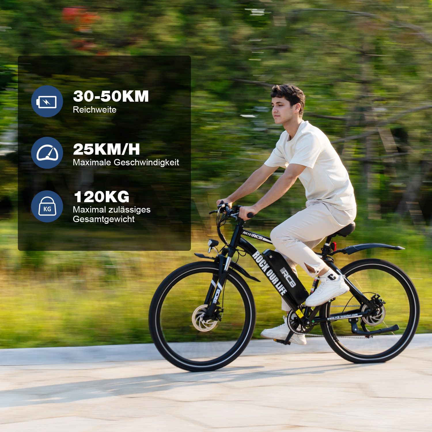 RCB E-Bike RK15, APP, 26 Zoll Pedelec, 10,4 Ah Lithium-Akku, Reichweite 30-50 km, 7 Gang, Kettenschaltung, 250W Heckmotor, 374,4 Wh