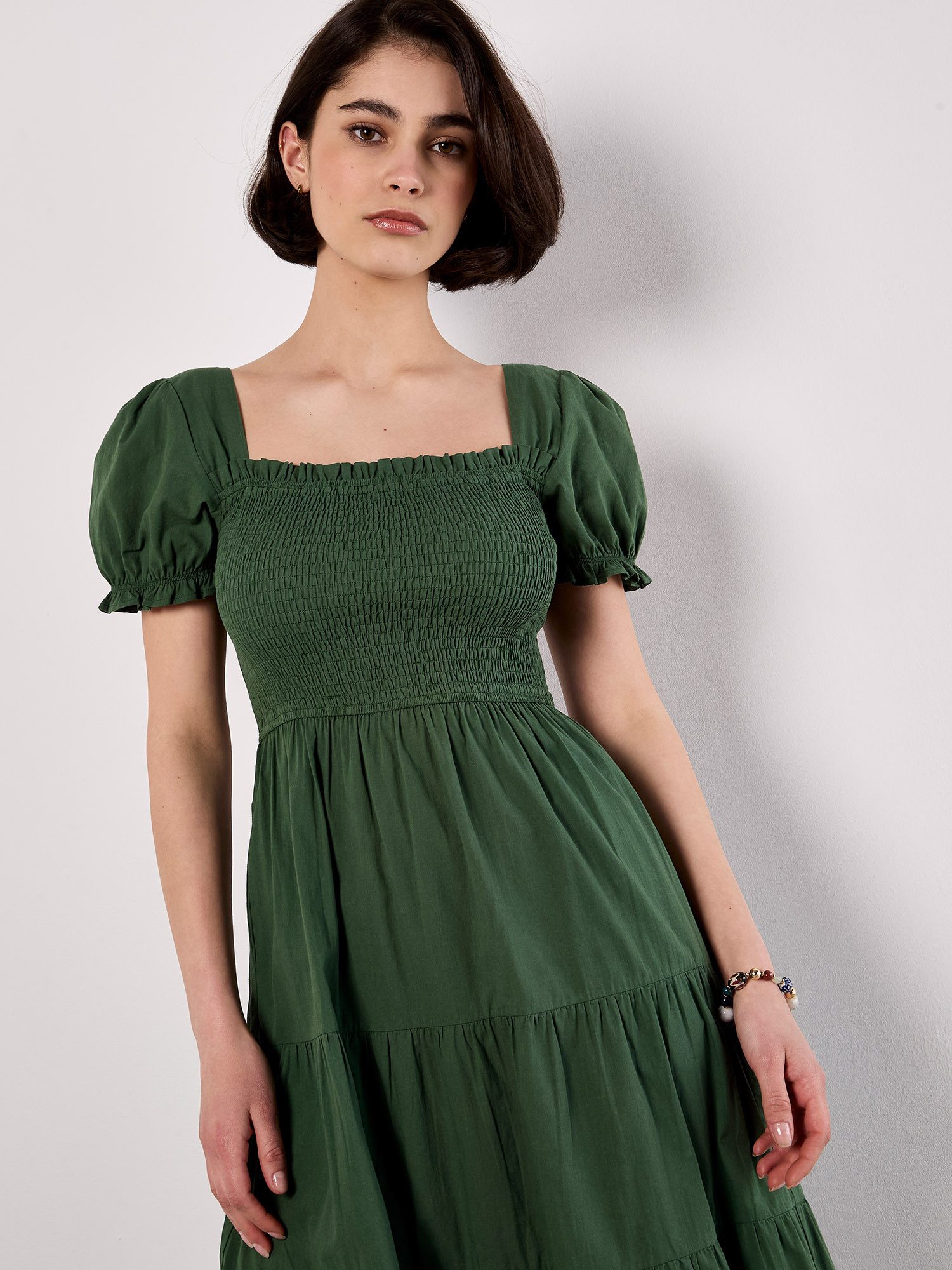 Apricot Druckkleid Midi-Kleid aus Baumwolle mit Stufenrock