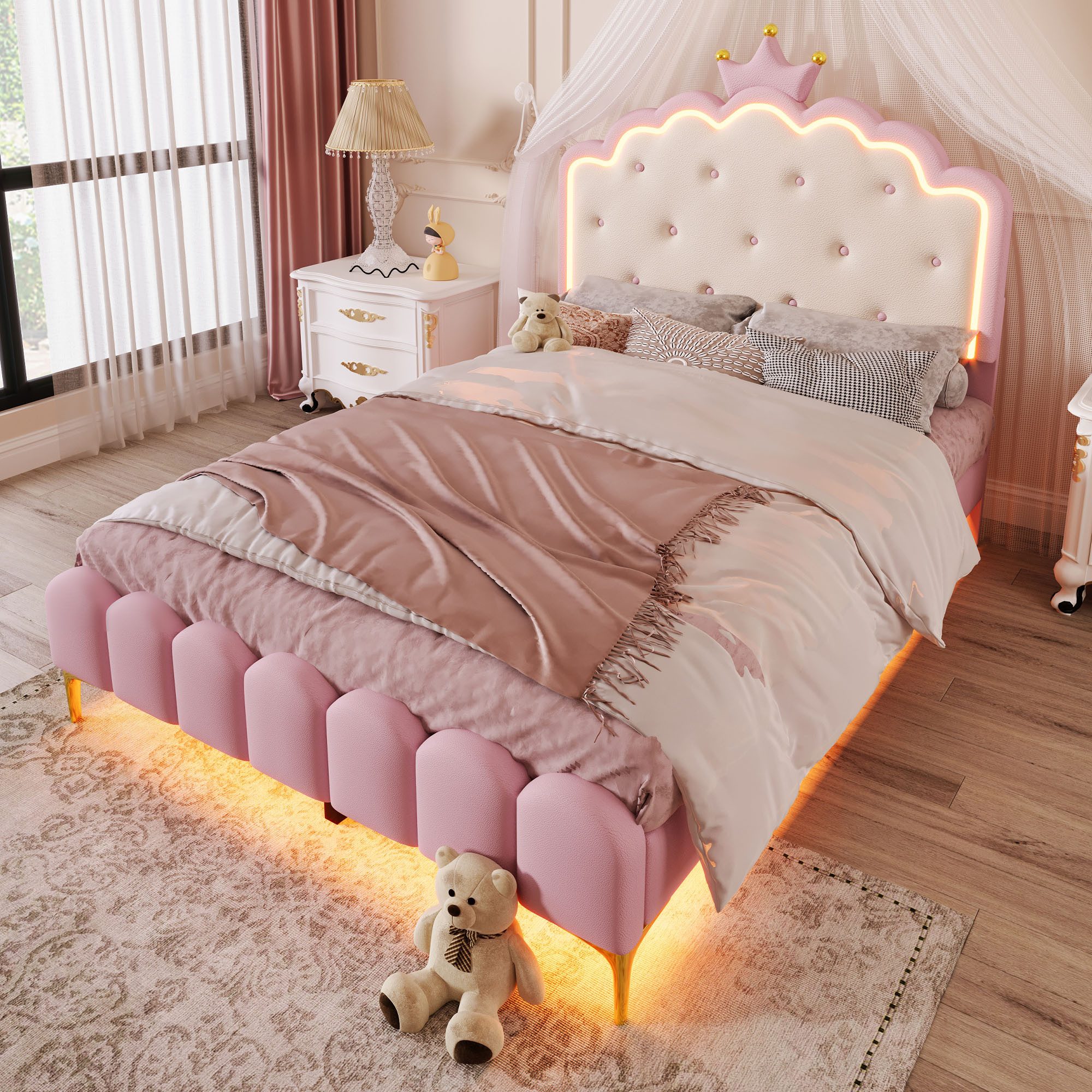 Flieks Polsterbett, LED Prinzessinnenbett Kinderbett 140x200cm mit Krone-De günstig online kaufen