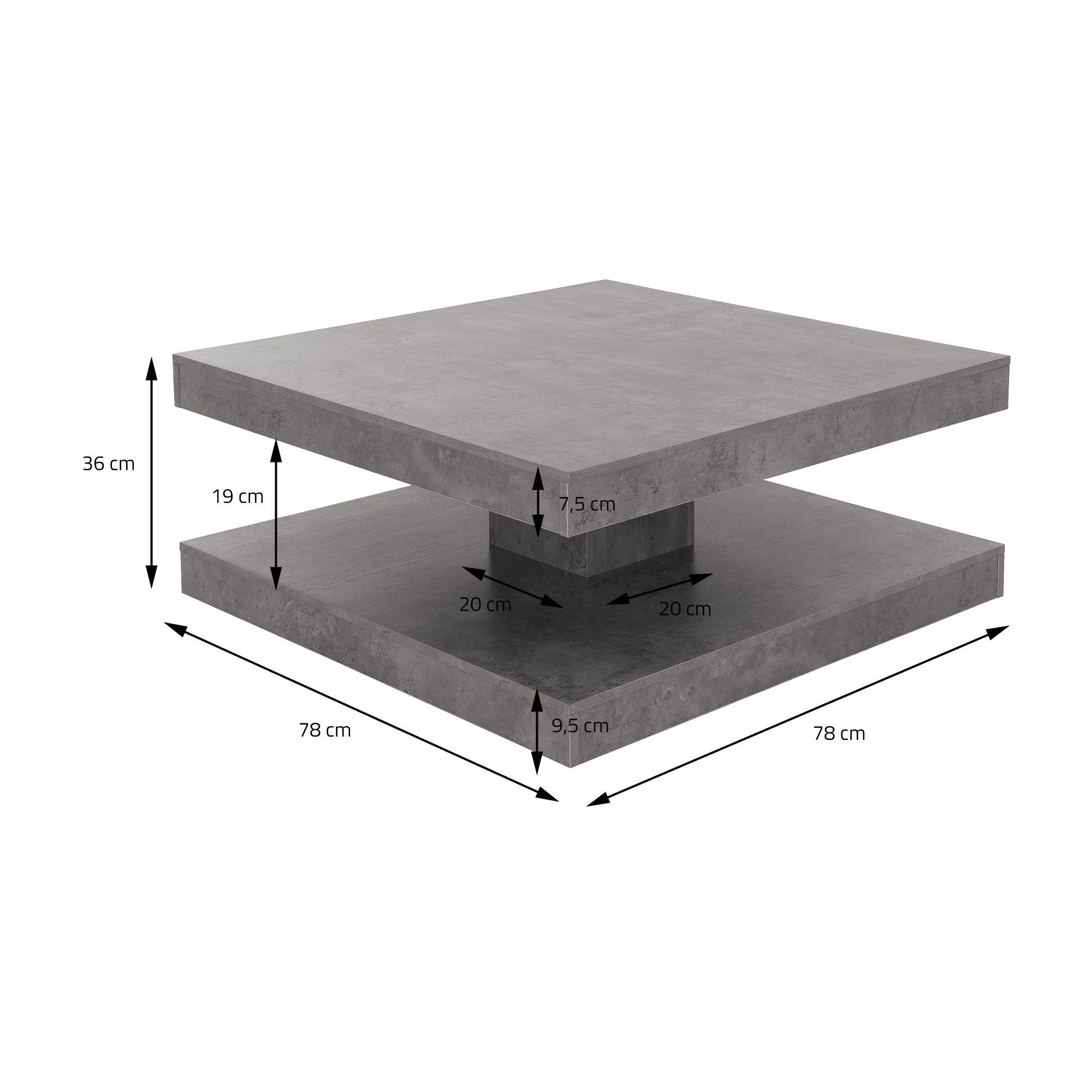Wohnzimmertisch Geräumiger Couchtisch Optik Sofatisch, Beton ML-DESIGN drehbare 360° Moderner Beistelltisch Tischplatte Grau Ablagefläche 78x78x36cm