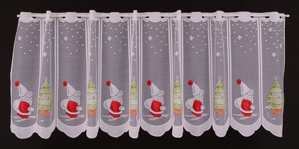 Scheibengardine nach Maß Nikolaus und Tannenbaum, Gardinen Kranzusch,  Stangendurchzug, transparent, Kurzgardine, Wunschmaß, Stablöcher,  transparent