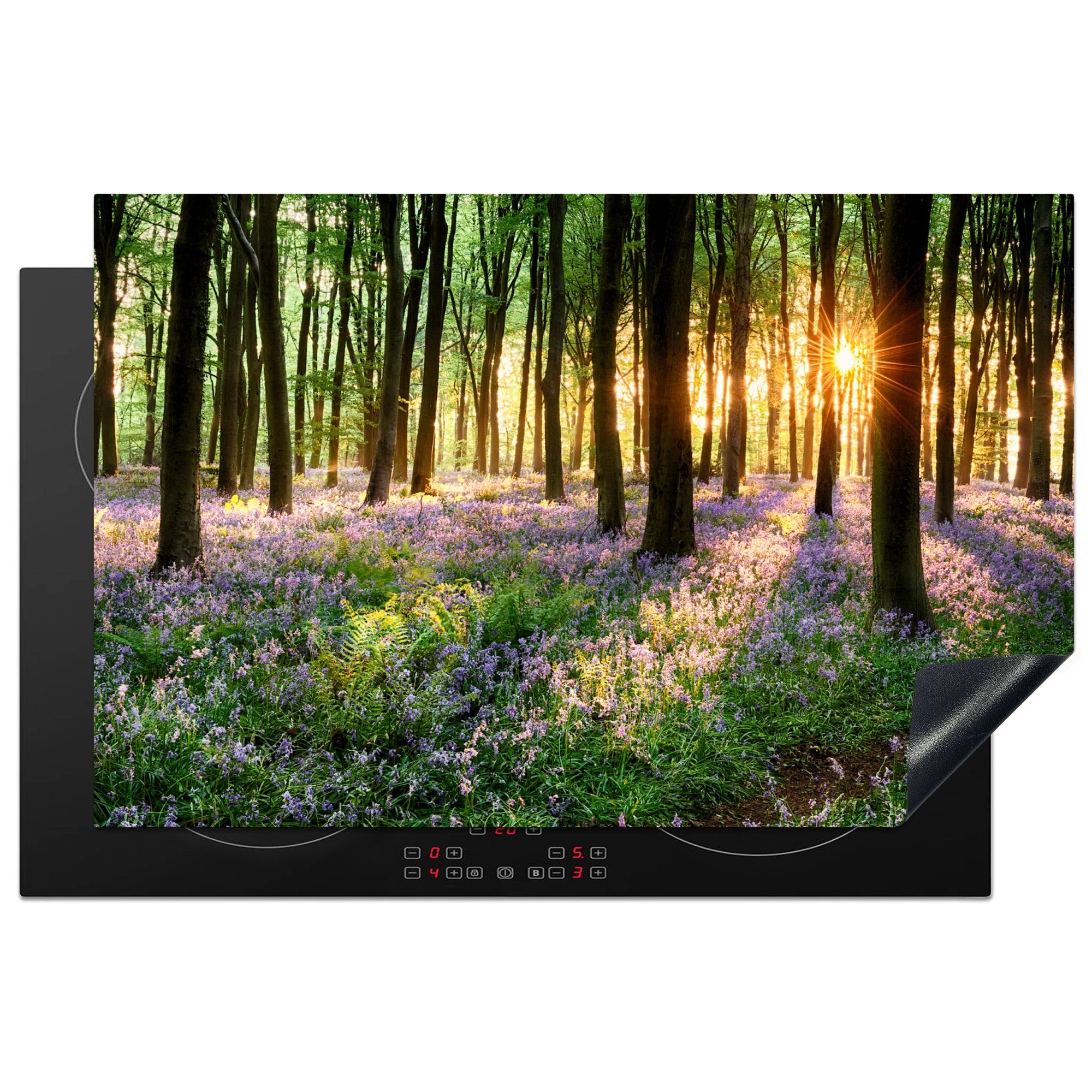 MuchoWow Herdblende-/Abdeckplatte Wald - Blumen - Lavendel - Sonne - Lila - Natur, Vinyl, (1 tlg), 81x52 cm, Ceranfeldabdeckung, Arbeitsplatte für küche