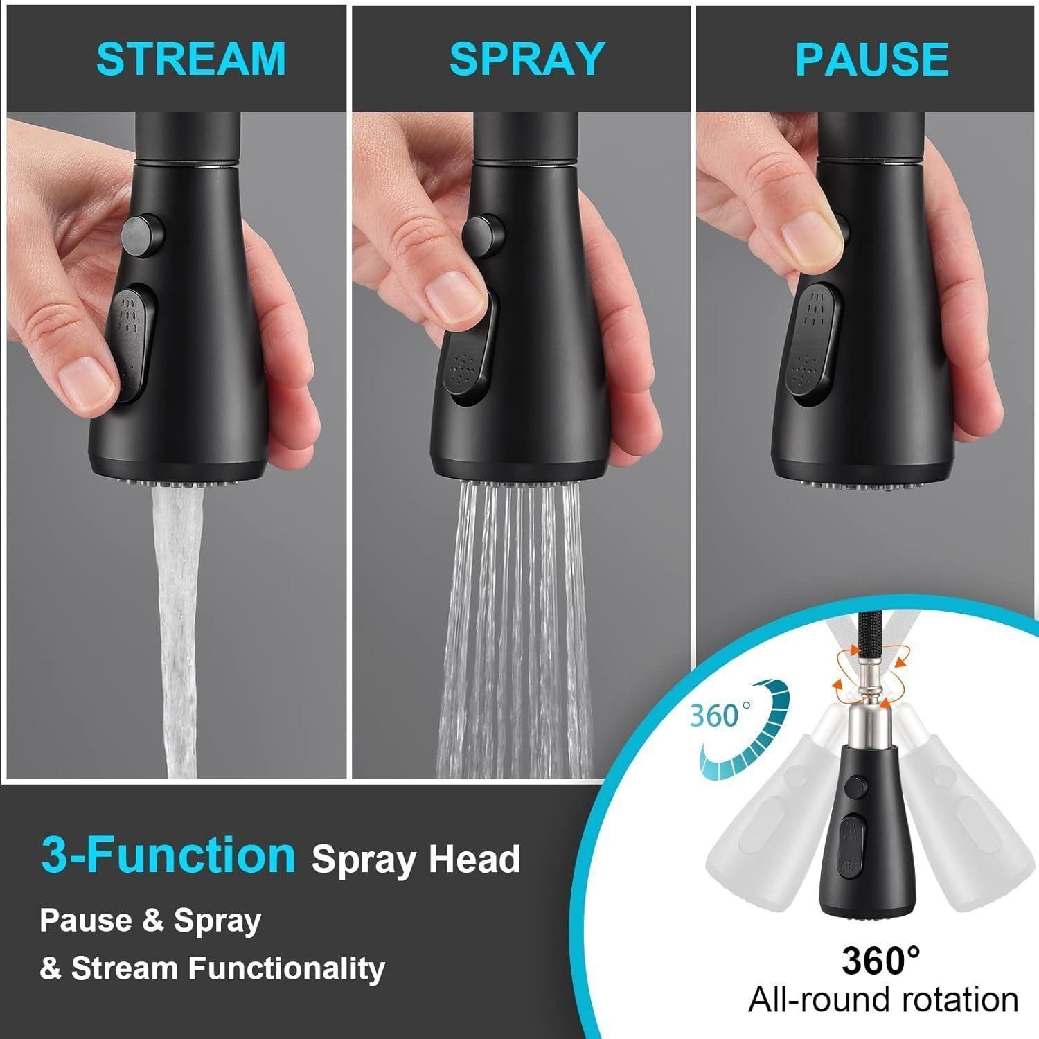 Forrlite Waschtischarmatur Wasserhahn Bad Schwarz,Waschtischarmatur Waschbecken-Küchenarmatur (schwarz,mit Handbrause,Küchenarmatur,ausziehbar,Küchenarmatur,2 Strahlarten,360 Grad drehbar,Wasserhahn aus Edelstahl 304,Armatur mit Herausziehbar Brause Mischbatterie Ausziehbar Kalt- und Warmwasserhahn Badarmatur einhebelmischer für Badzimmer Garten Küche)