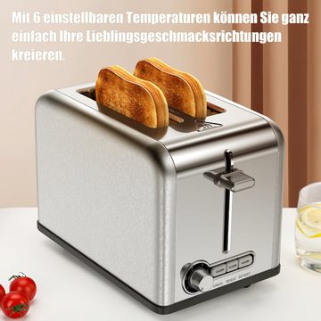 HOUROC Toaster Toaster, 2 kurze Schlitze, für 2 Scheiben, 825 W, Automatik, 2 kurze Schlitze, Edelstahl, Wärmeisolierendes Doppelwandgehäuse