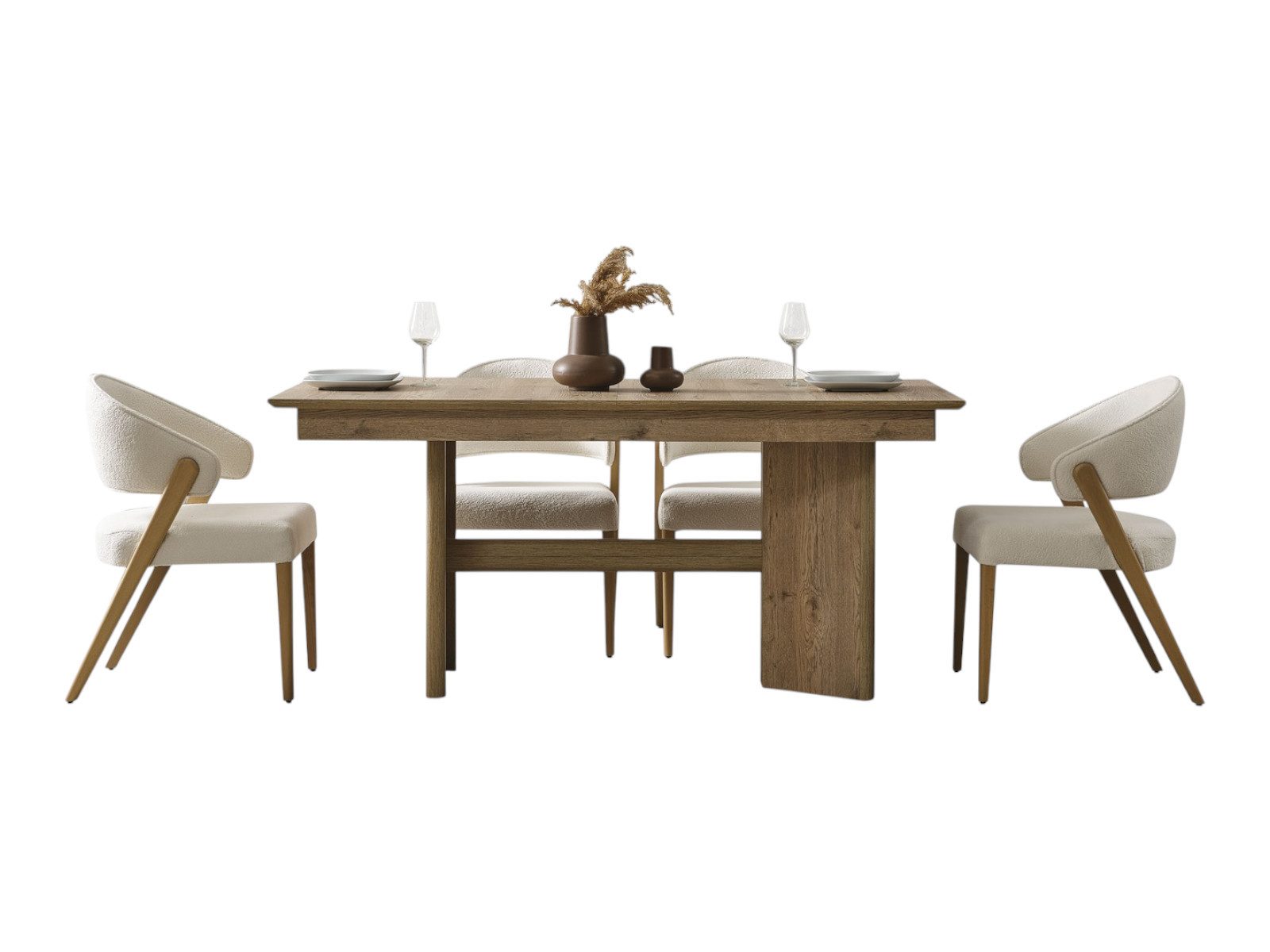 Villa Möbel Esszimmer-Set Anka, (Esszimmer-Set, 7-St., Esstisch + 6 Stühle), Warme Holzoptik mit hellen Sitzen wohnlich und zeitlos