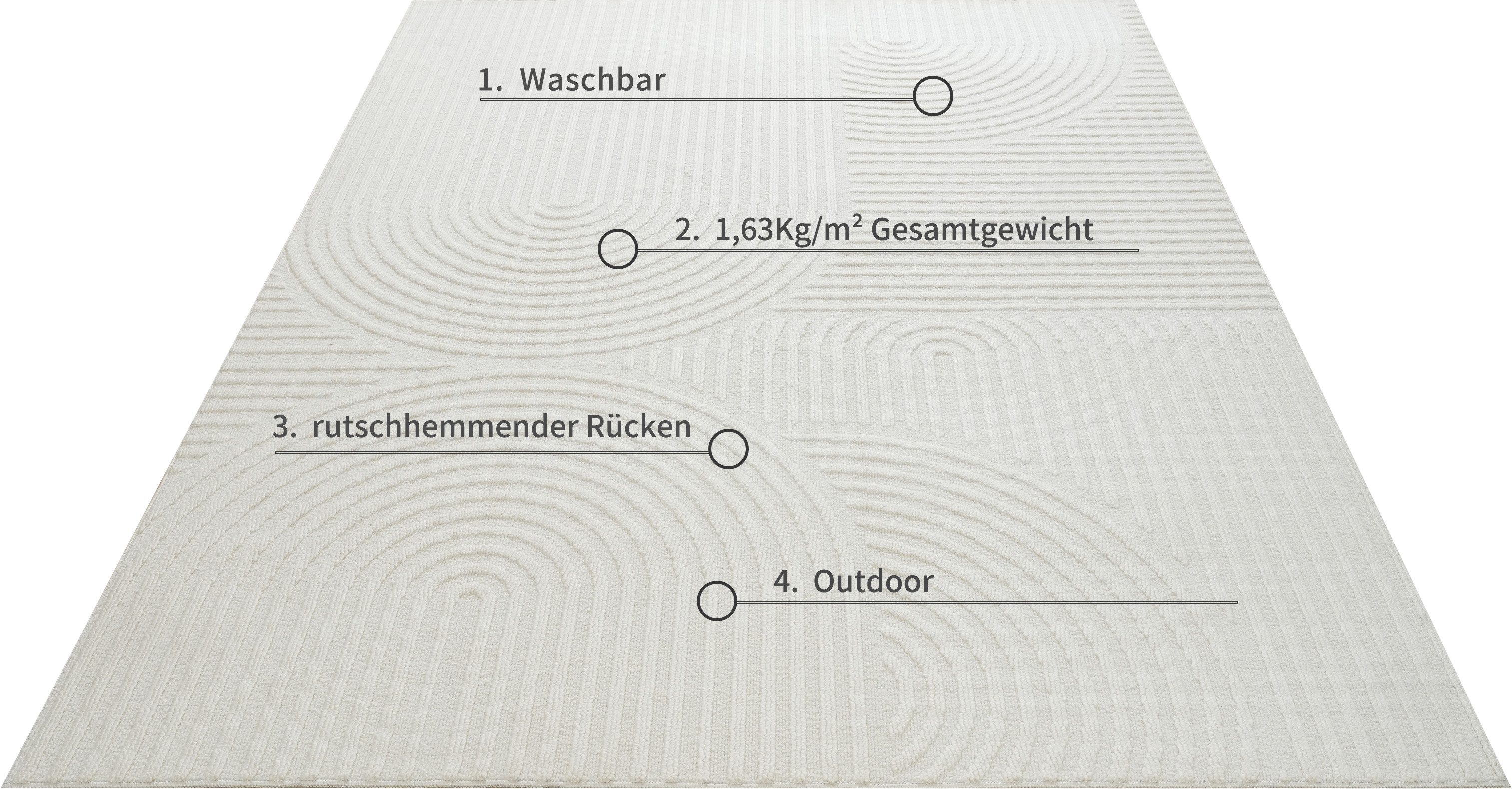 OTTO home Teppich Jola, In- und Outdoor geeignet, Hoch-Tief-Design, Scandi, rechteckig, Höhe: 9 mm, Hoch-Tief-Struktur, Zen, Wetterfest & UV-beständig, Balkon, Camping