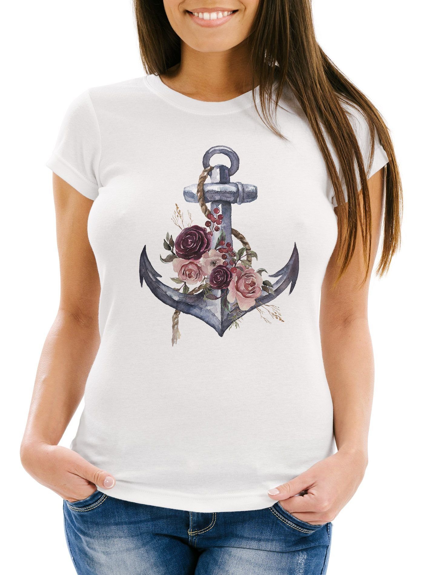 Neverless Print-Shirt »Damen T-Shirt Anker Blumen Wasserfarben Anchor  Flowers Watercolor Slim Fit Neverless®« mit Print